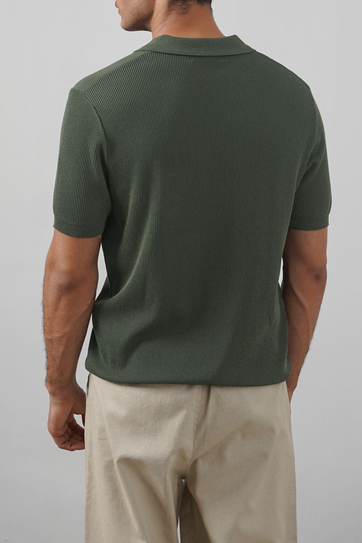 Olive Fitted Johnny Collar Polo with Ribbed Cuffs and Hem