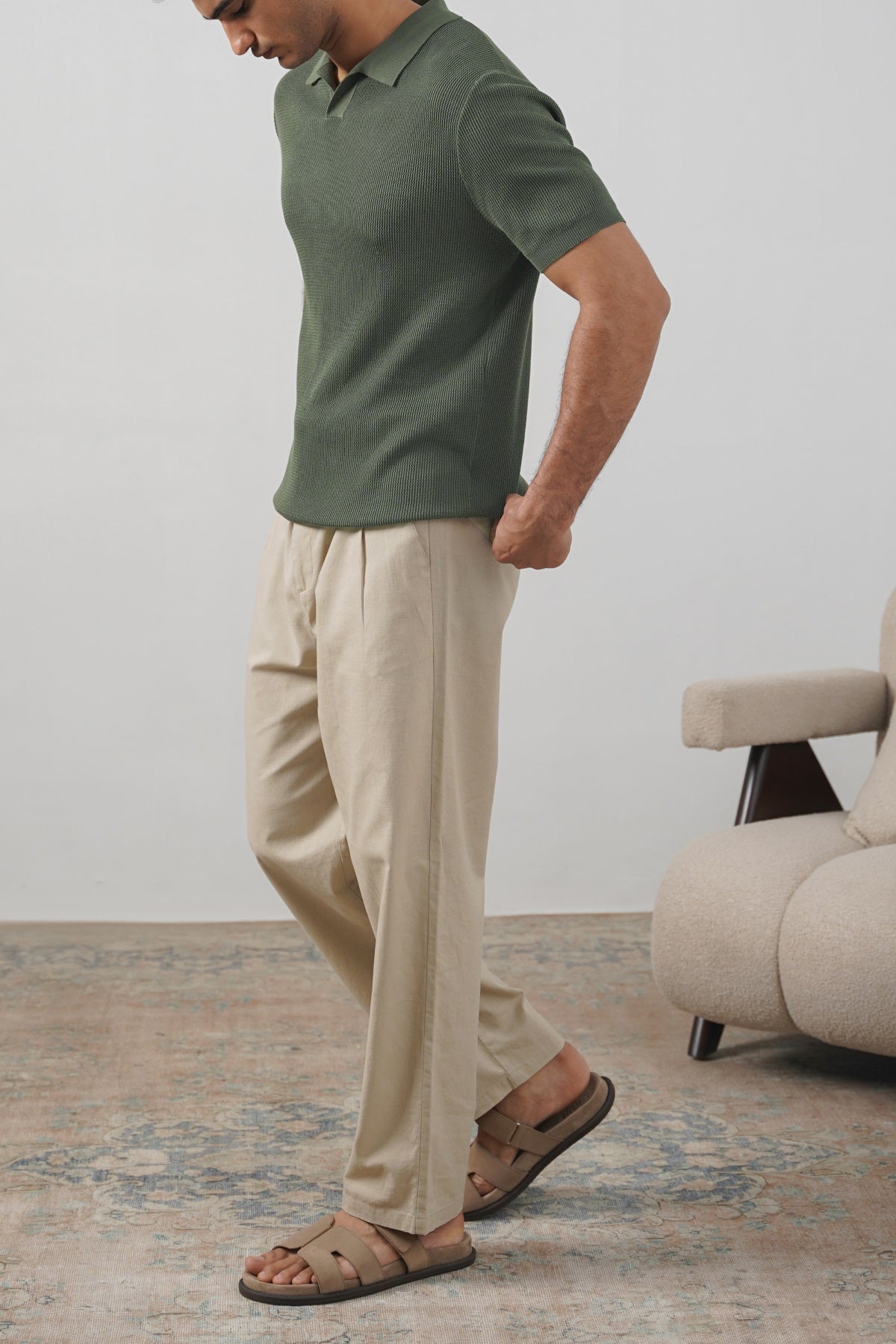 Olive Fitted Johnny Collar Polo with Ribbed Cuffs and Hem
