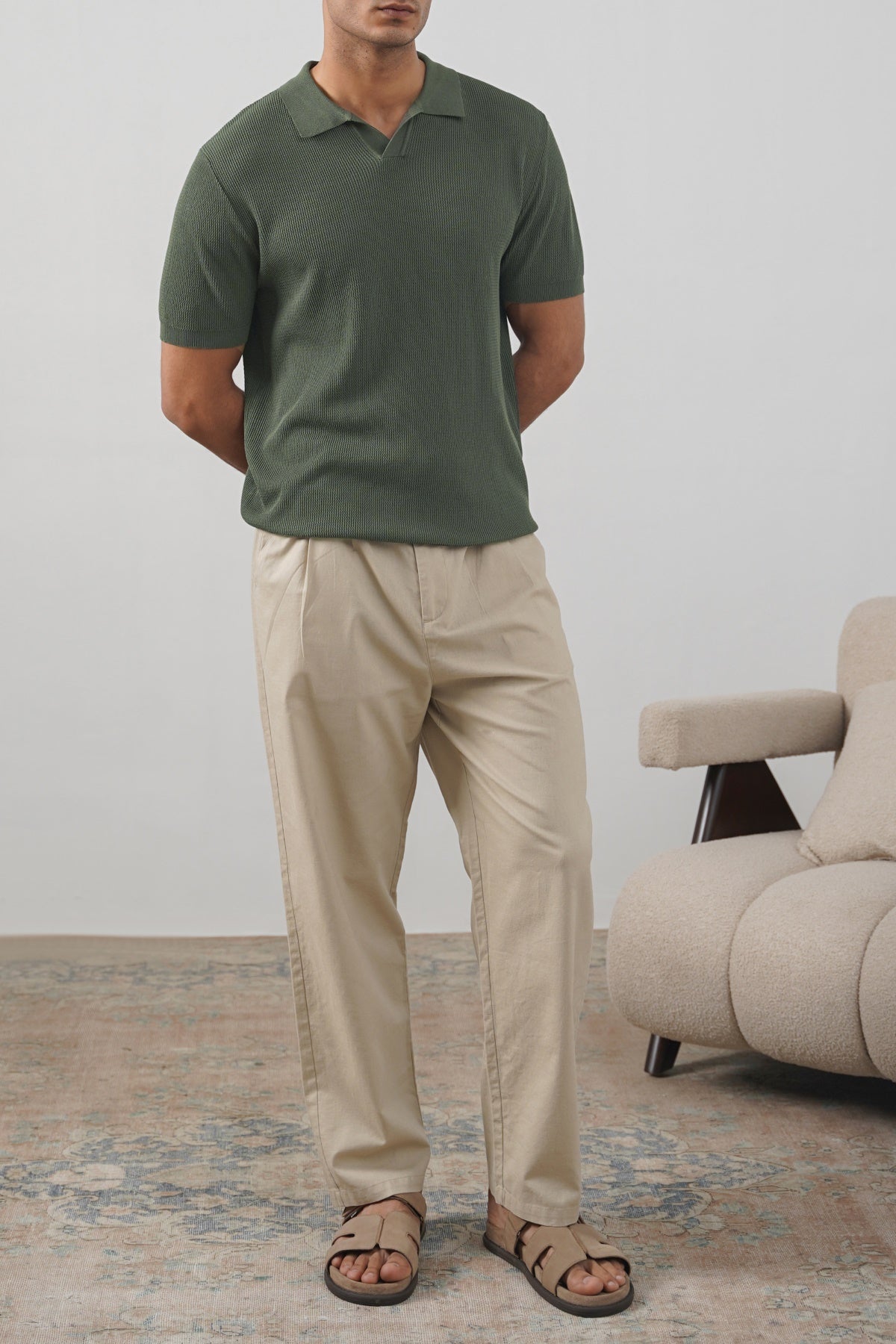 Olive Fitted Johnny Collar Polo with Ribbed Cuffs and Hem