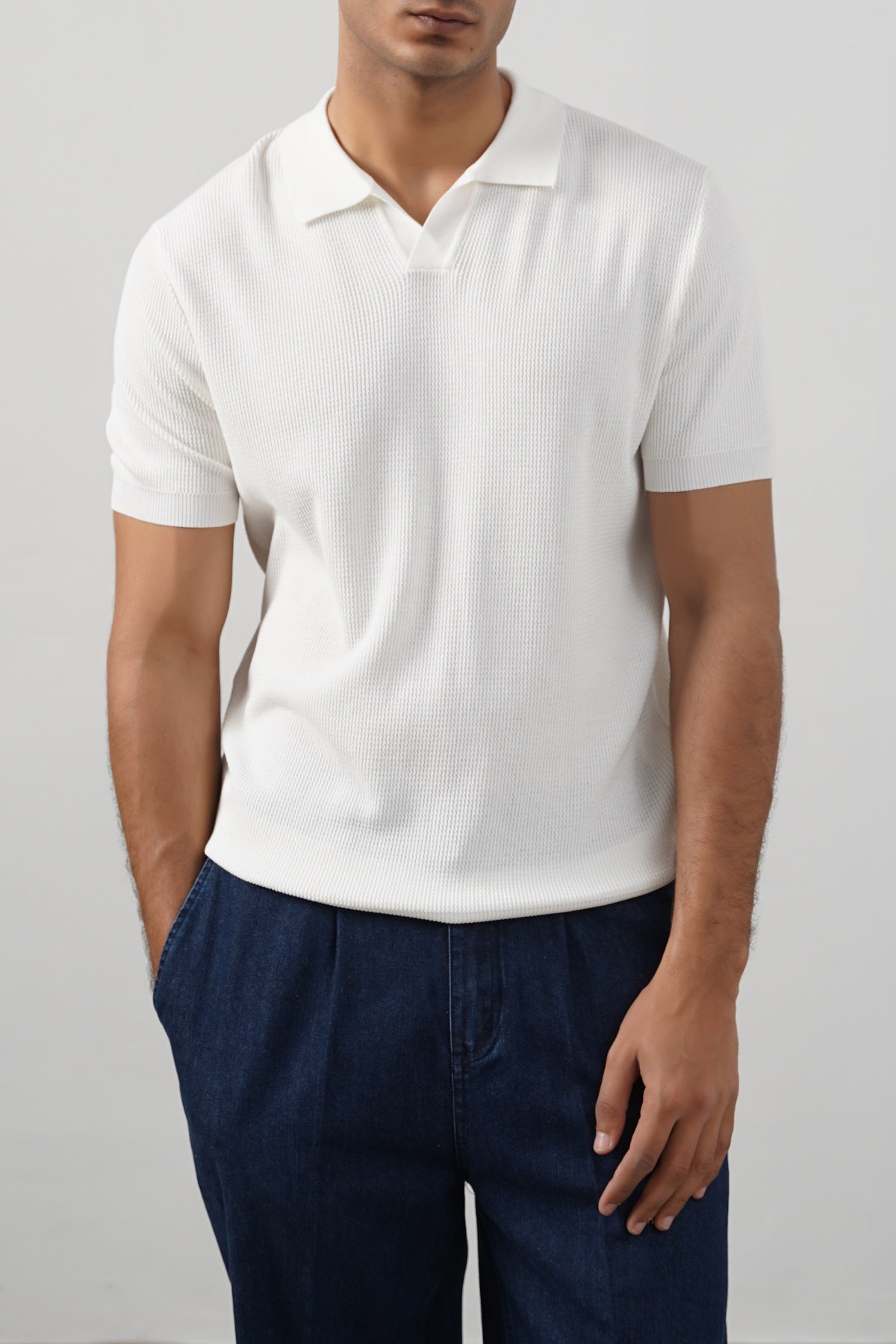 White Fitted Half Sleeve Johnny Collar Polo with Ribbed Cuffs and Hem