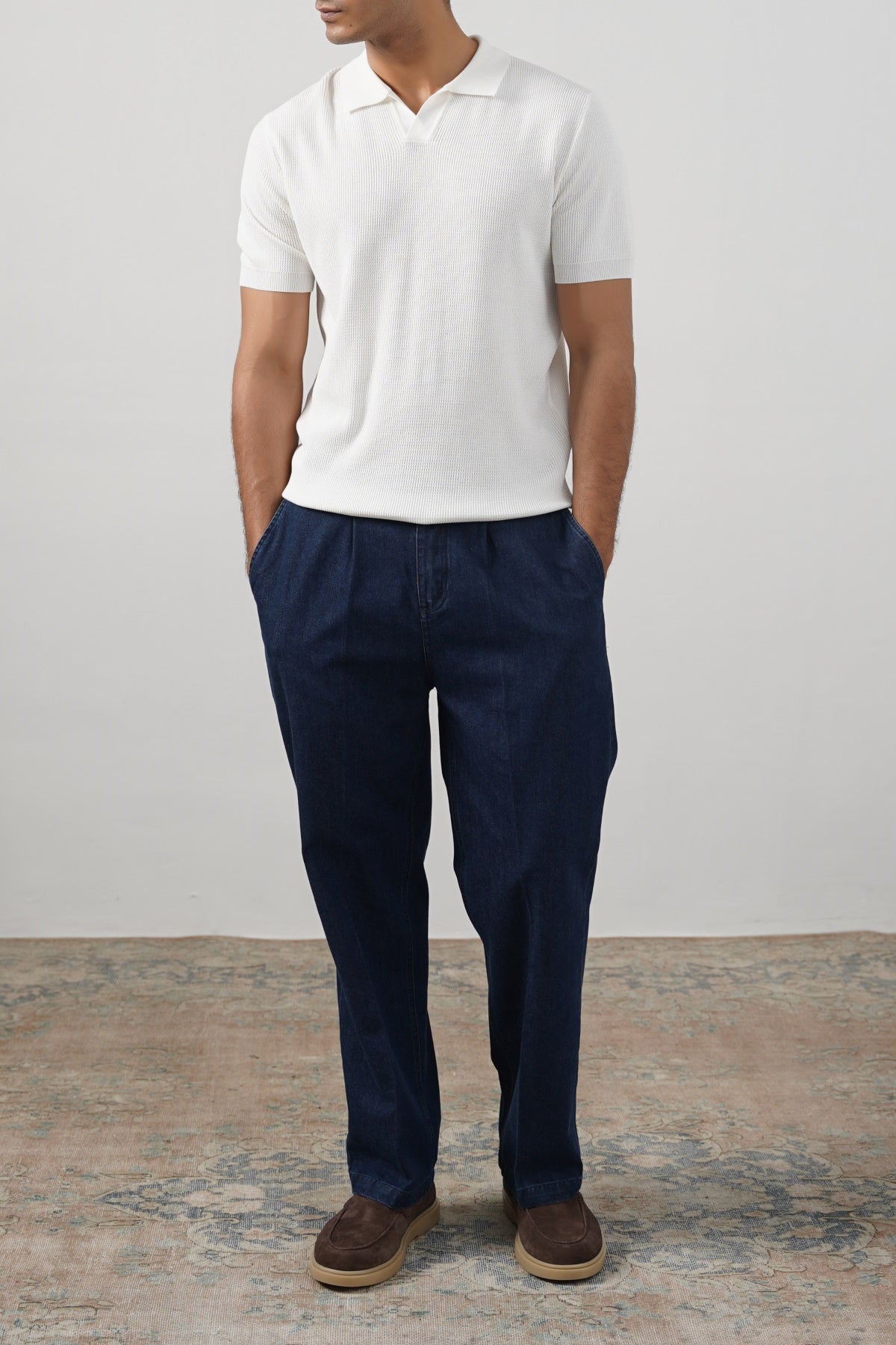 White Fitted Half Sleeve Johnny Collar Polo with Ribbed Cuffs and Hem