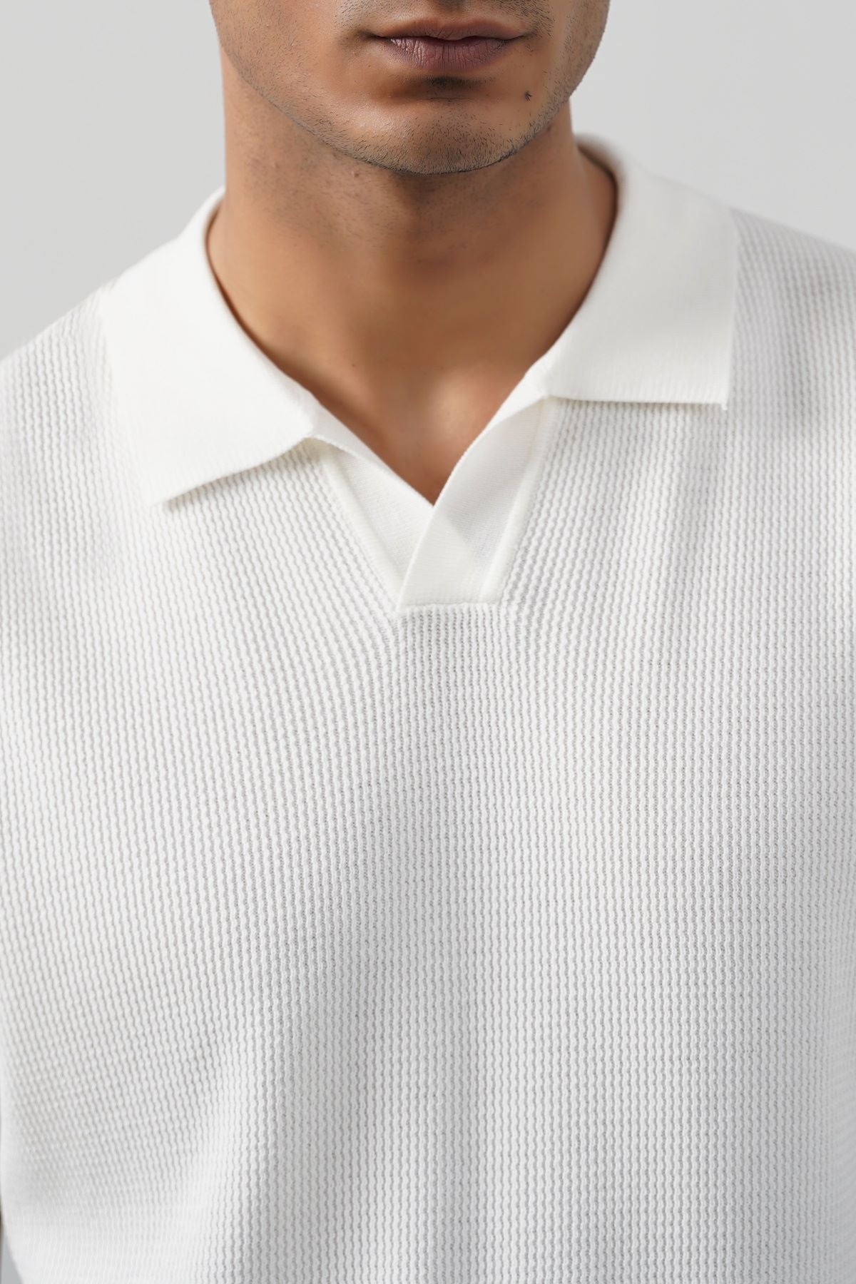 White Fitted Half Sleeve Johnny Collar Polo with Ribbed Cuffs and Hem