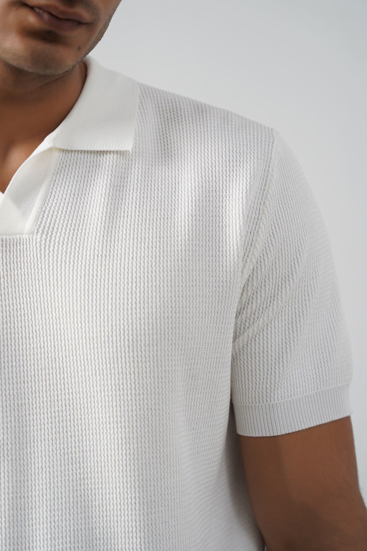 White Fitted Half Sleeve Johnny Collar Polo with Ribbed Cuffs and Hem