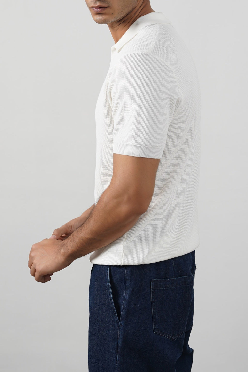 White Fitted Half Sleeve Johnny Collar Polo with Ribbed Cuffs and Hem – Cool Havn