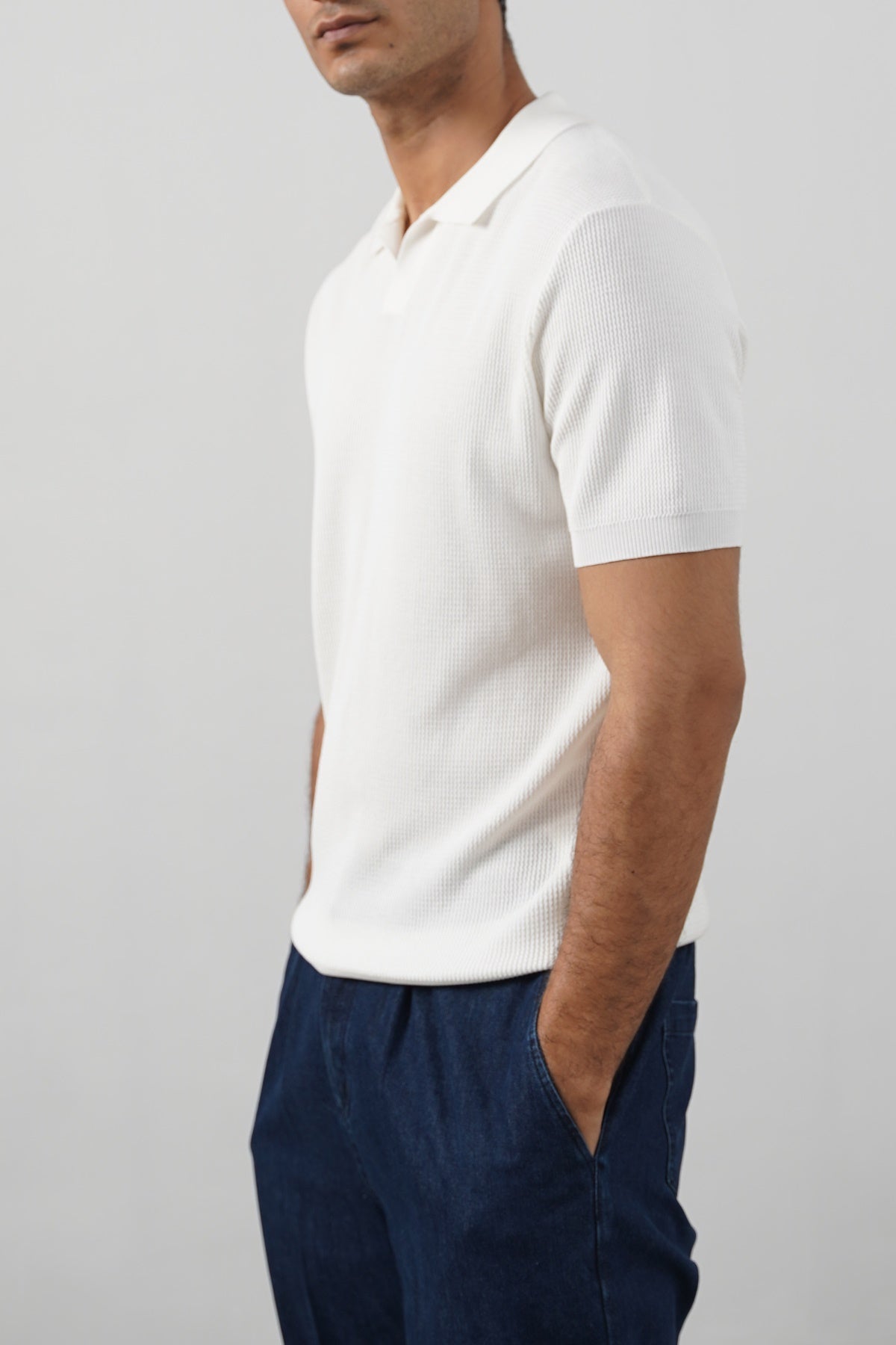 White Fitted Half Sleeve Johnny Collar Polo with Ribbed Cuffs and Hem