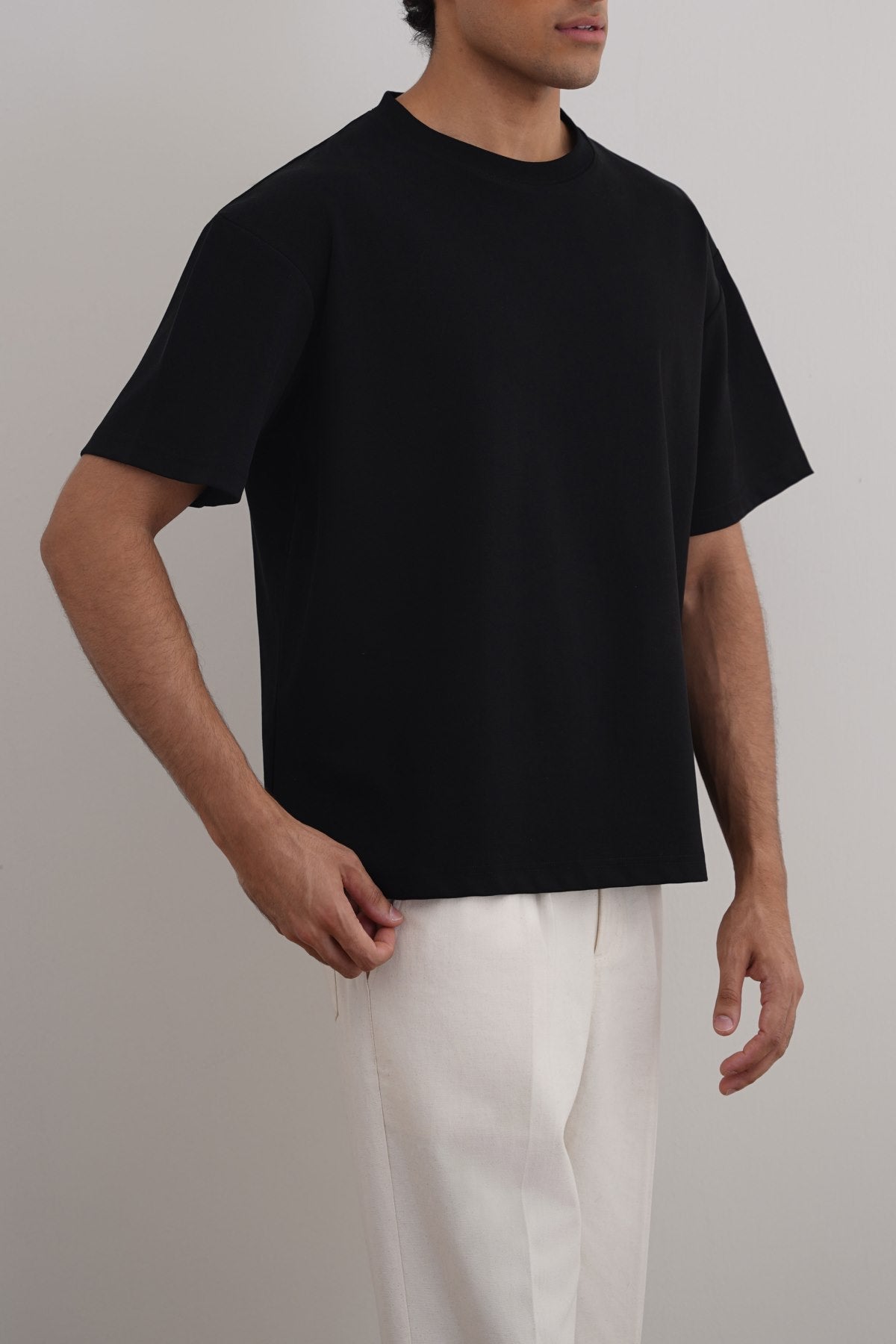Black Relaxed Fit Half Sleeve T-Shirt with Ribbed Neckline