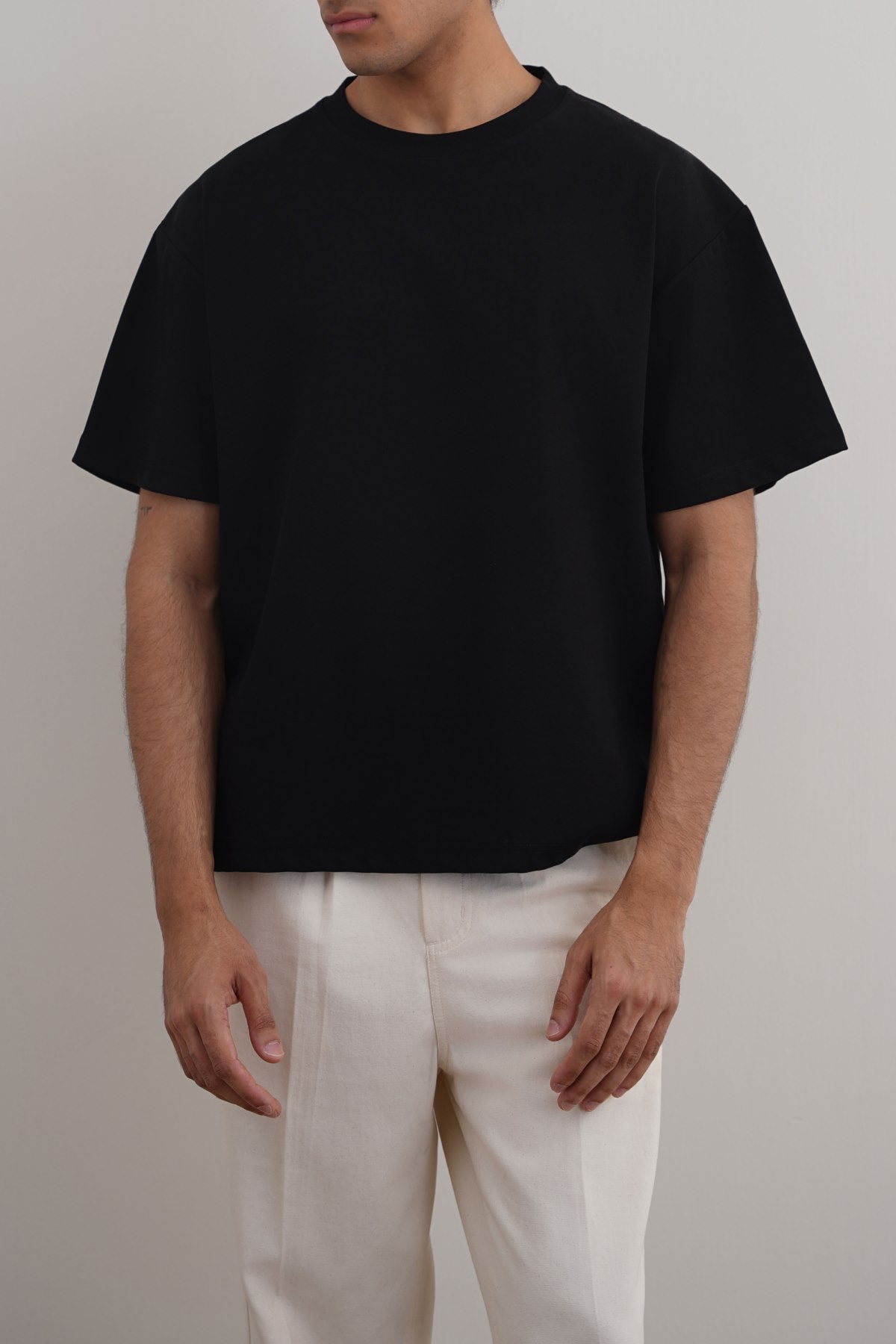 Black Relaxed Fit Half Sleeve T-Shirt with Ribbed Neckline