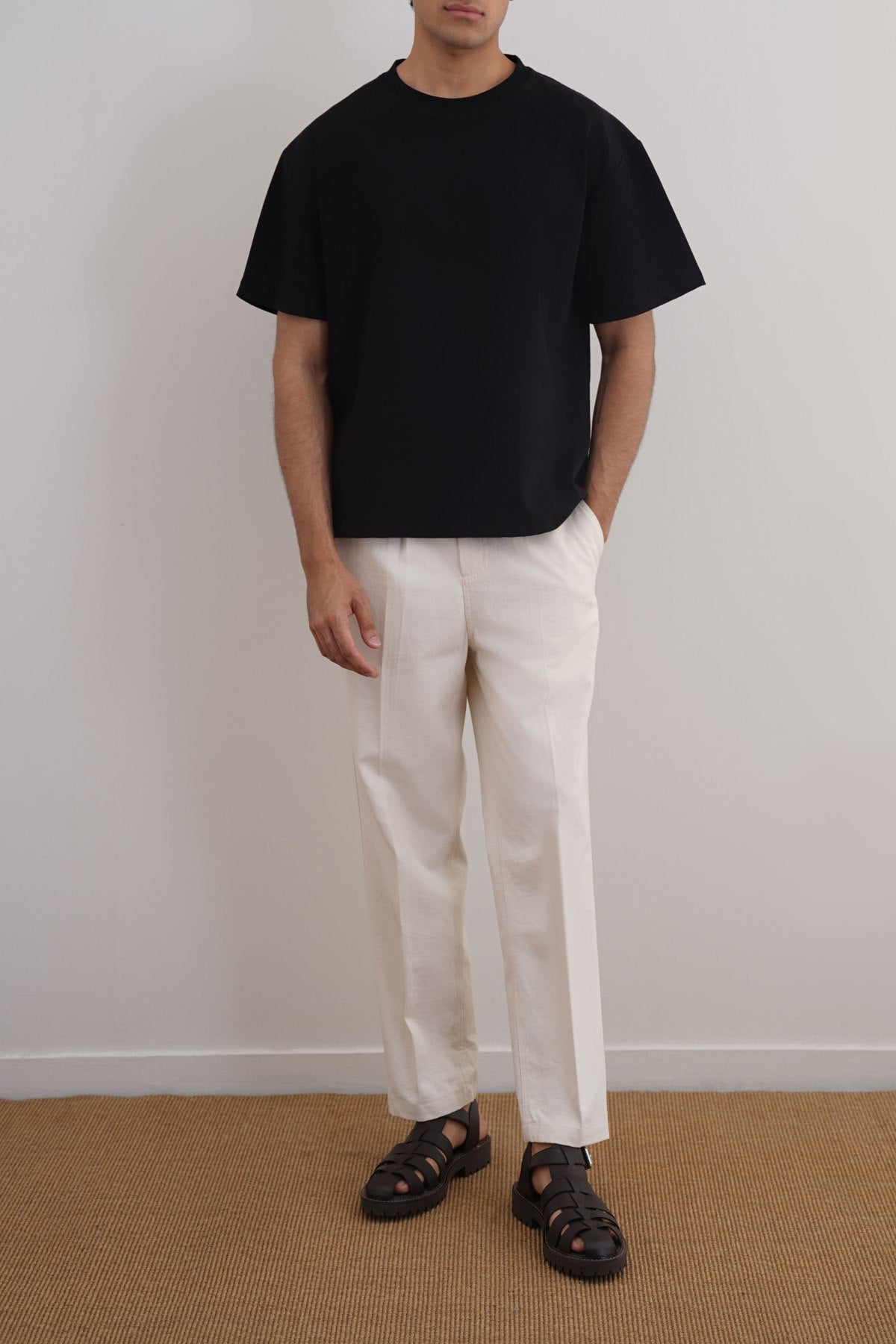 Black Relaxed Fit Half Sleeve T-Shirt with Ribbed Neckline