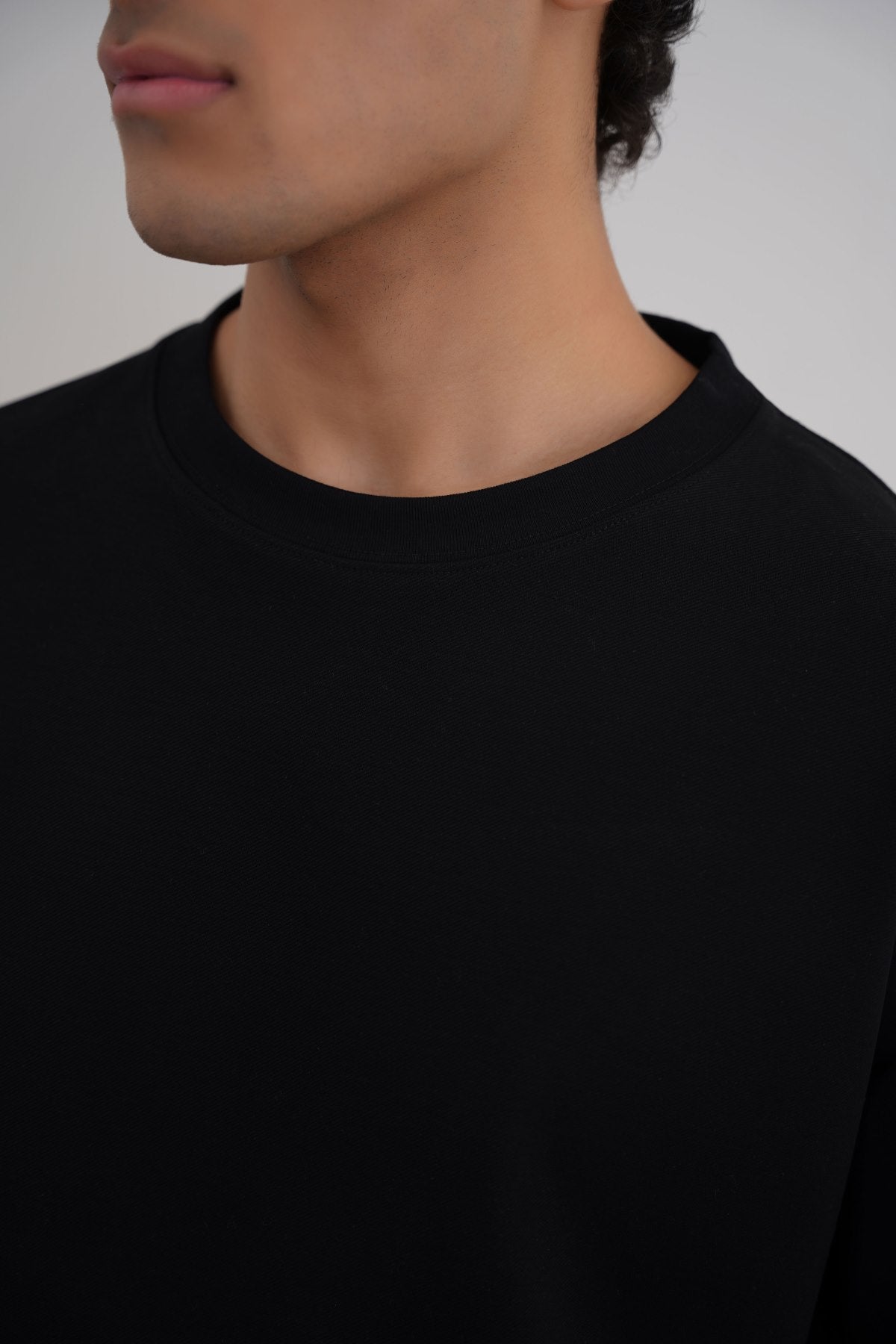 Black Relaxed Fit Half Sleeve T-Shirt with Ribbed Neckline