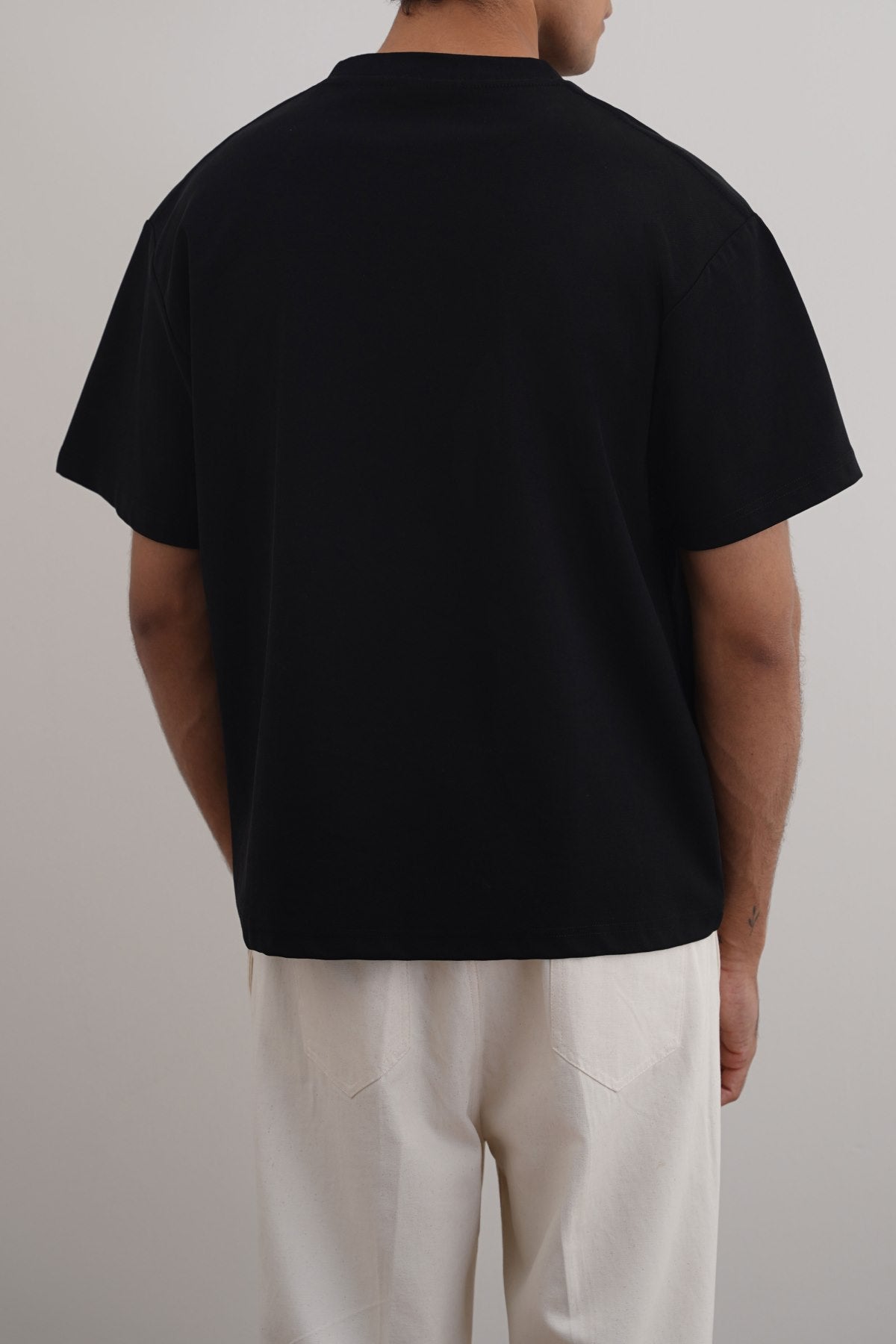 Black Relaxed Fit Half Sleeve T-Shirt with Ribbed Neckline
