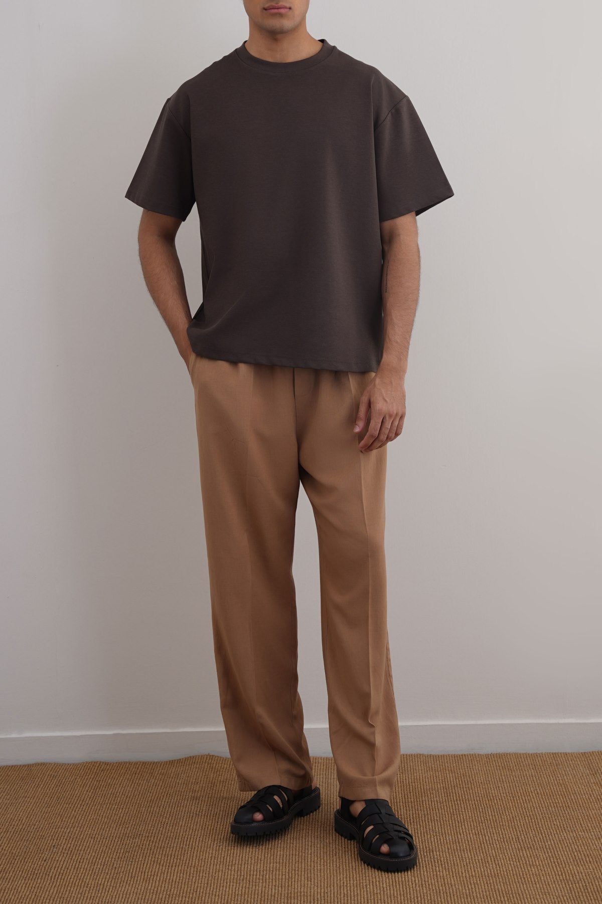 Relaxed Fit Dark Brown Half Sleeve T-Shirt with Ribbed Neckline