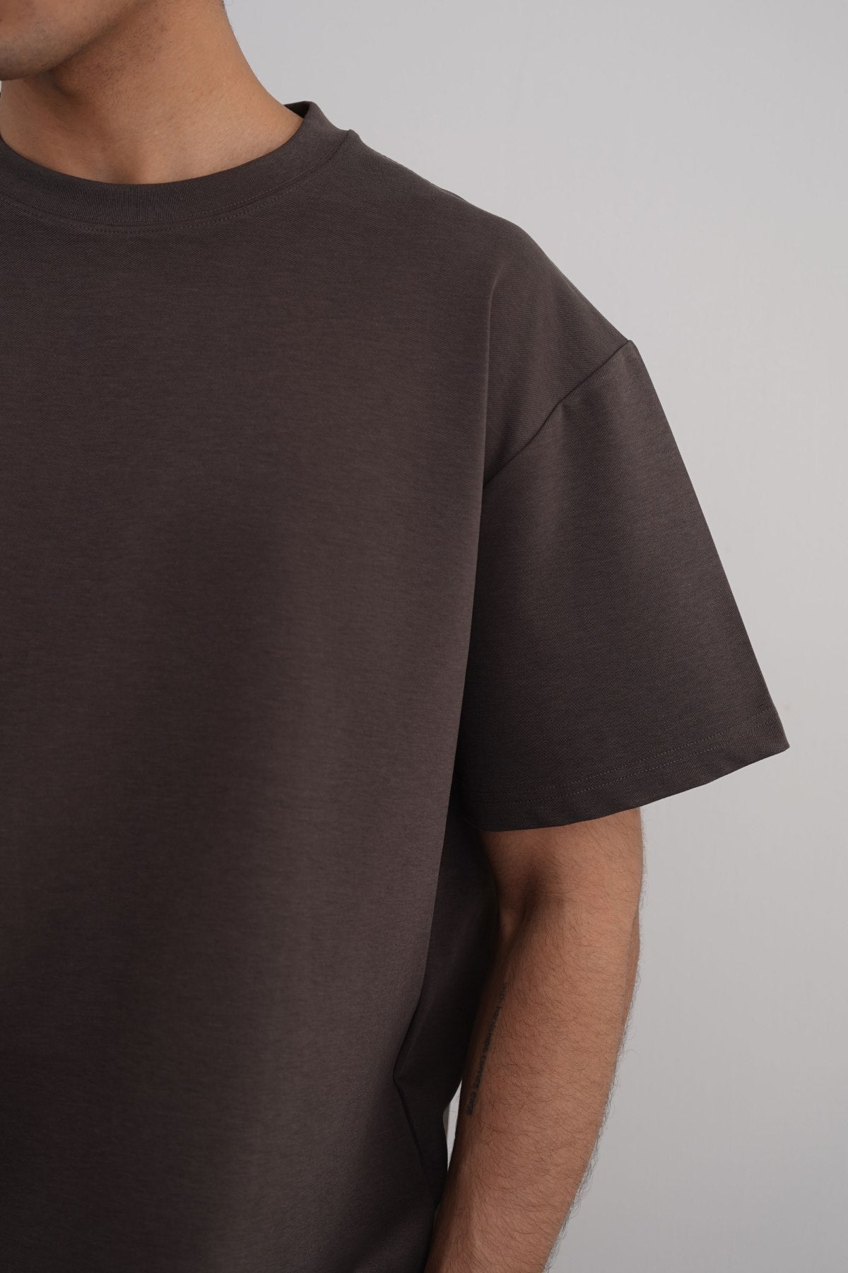 Relaxed Fit Dark Brown Half Sleeve T-Shirt with Ribbed Neckline