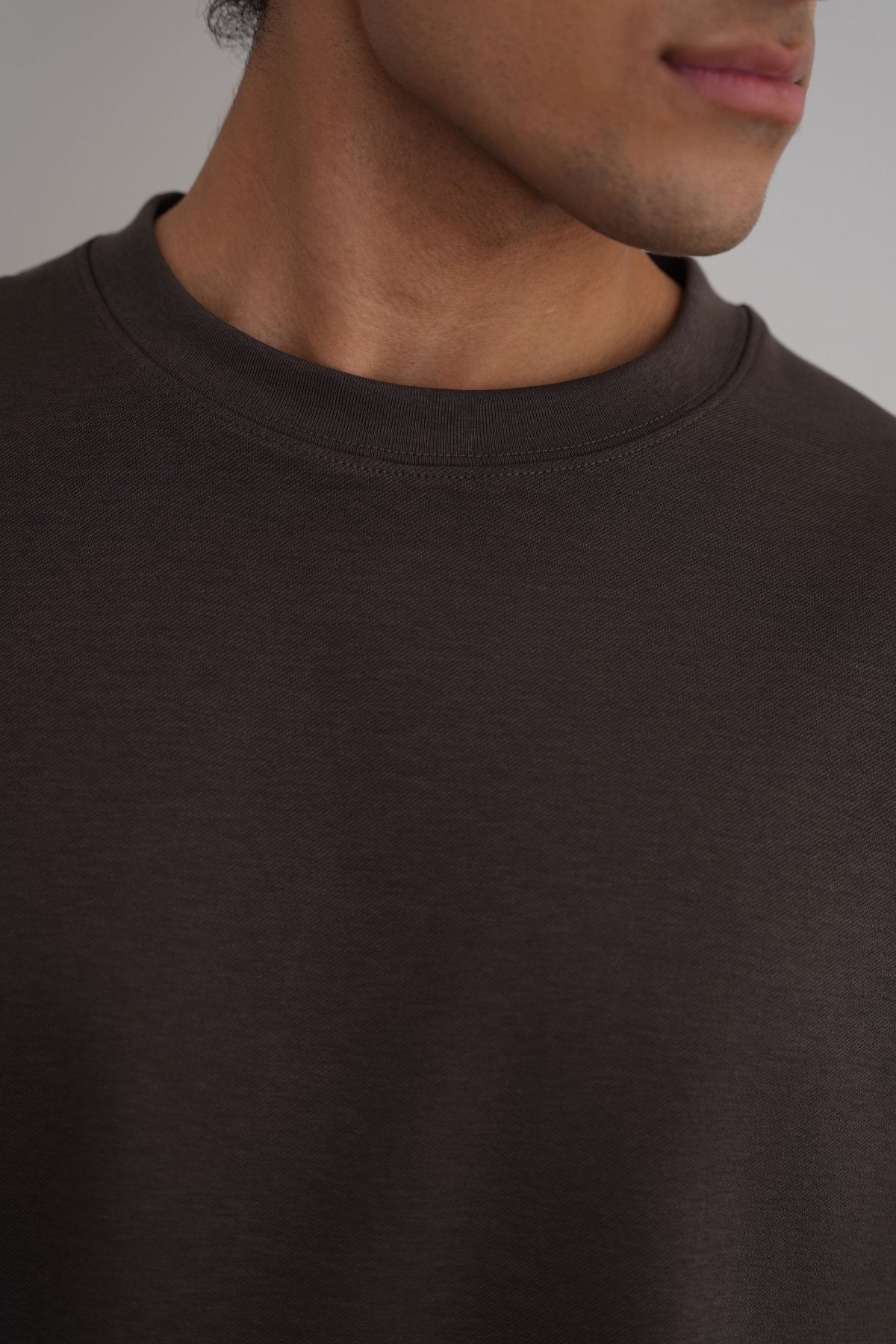 Relaxed Fit Dark Brown Half Sleeve T-Shirt with Ribbed Neckline