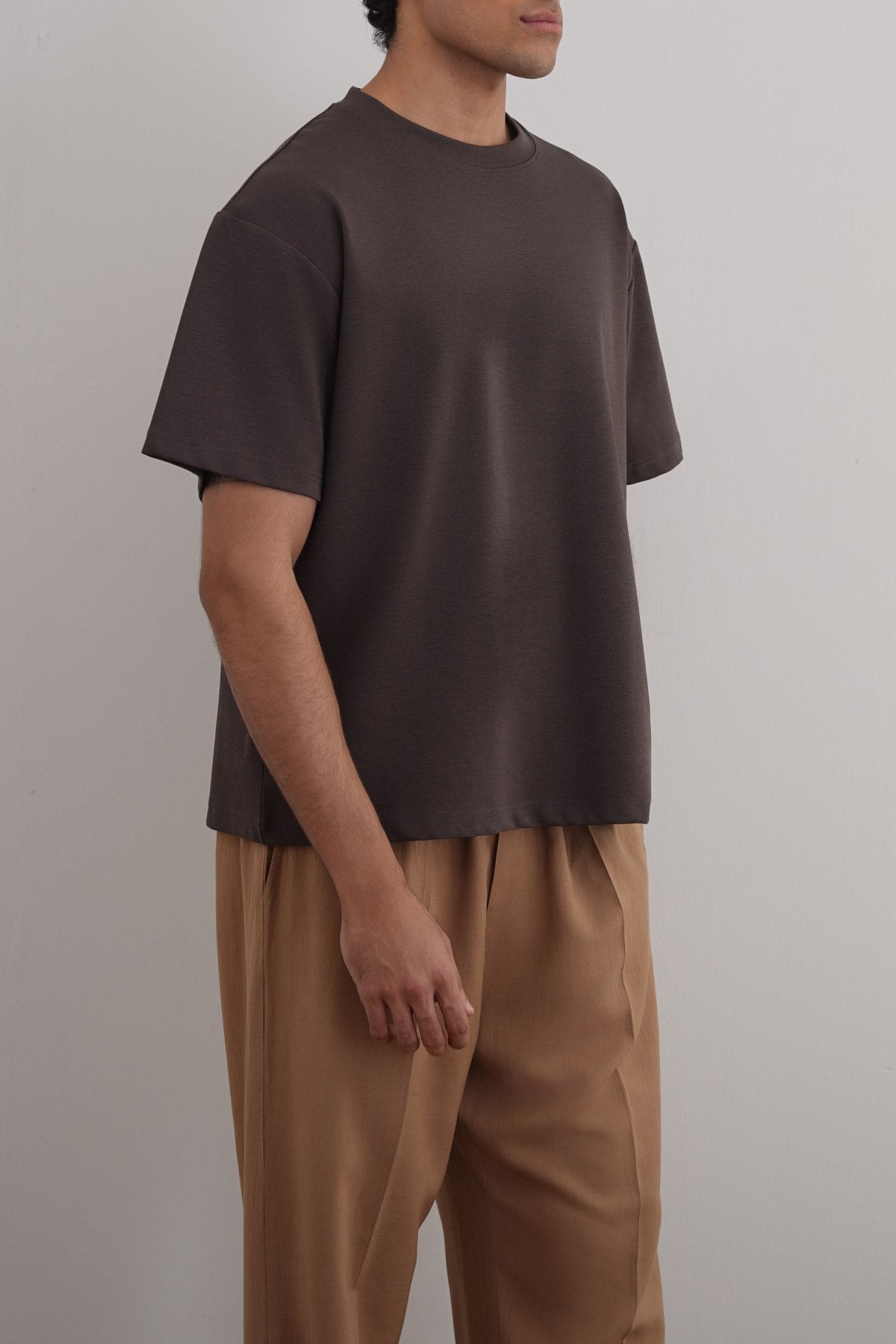 Relaxed Fit Dark Brown Half Sleeve T-Shirt with Ribbed Neckline