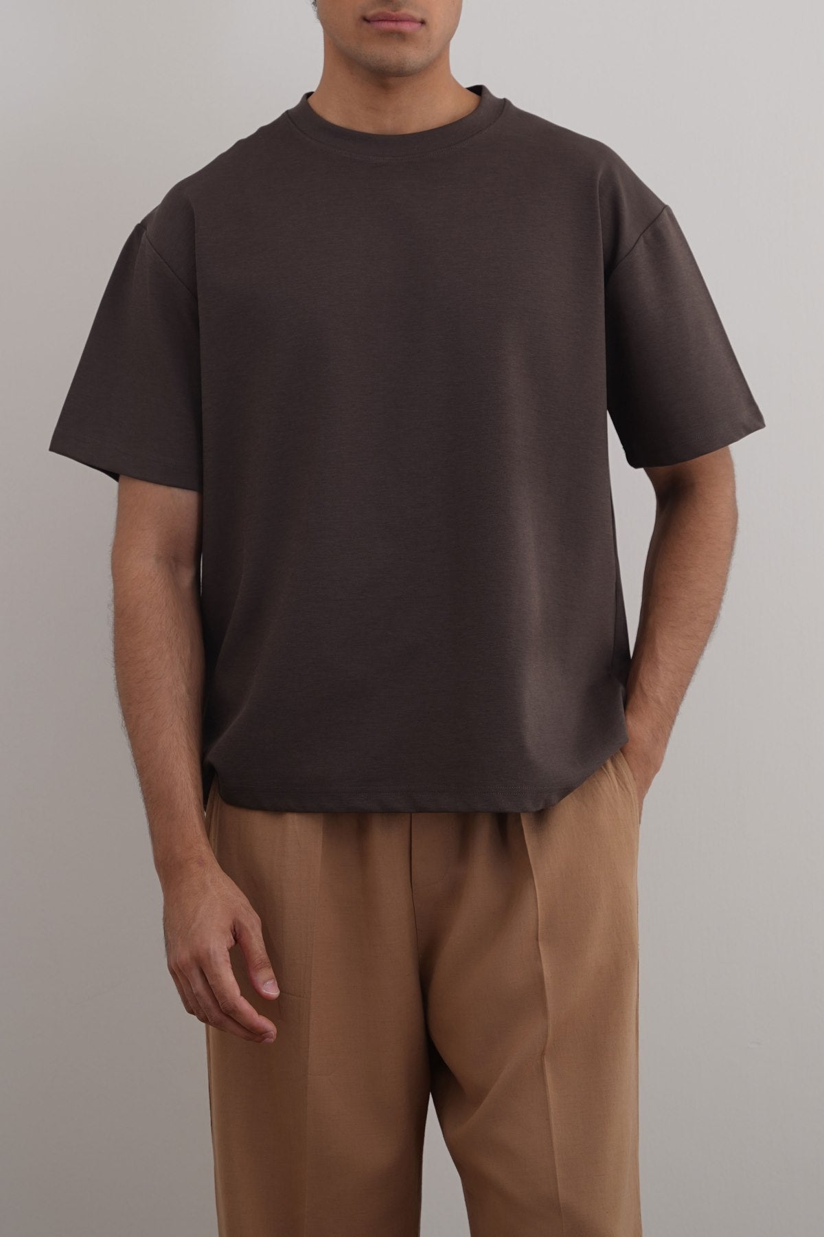 Relaxed Fit Dark Brown Half Sleeve T-Shirt with Ribbed Neckline
