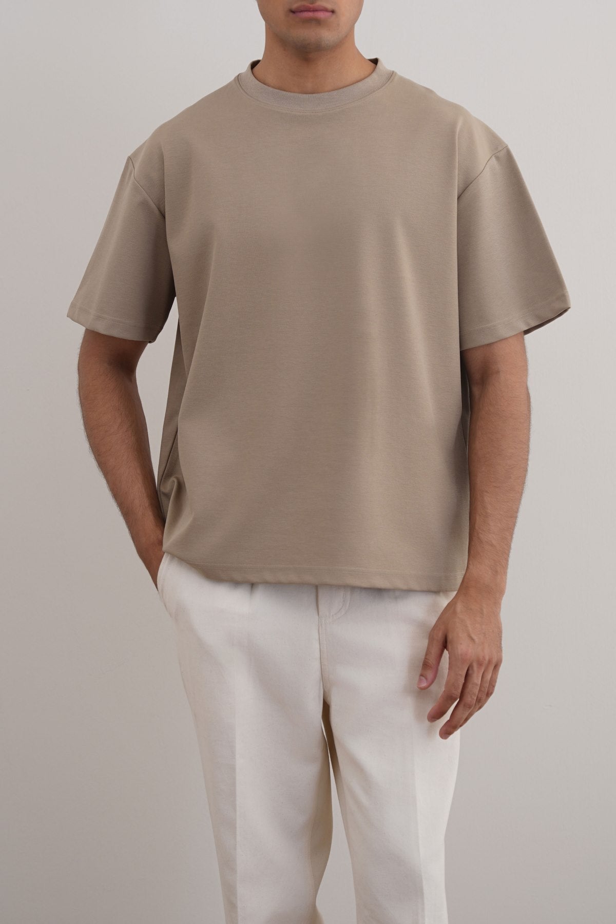 Khaki Relaxed Fit Half Sleeve T-Shirt with Ribbed Neckline - Regular Hand Feel