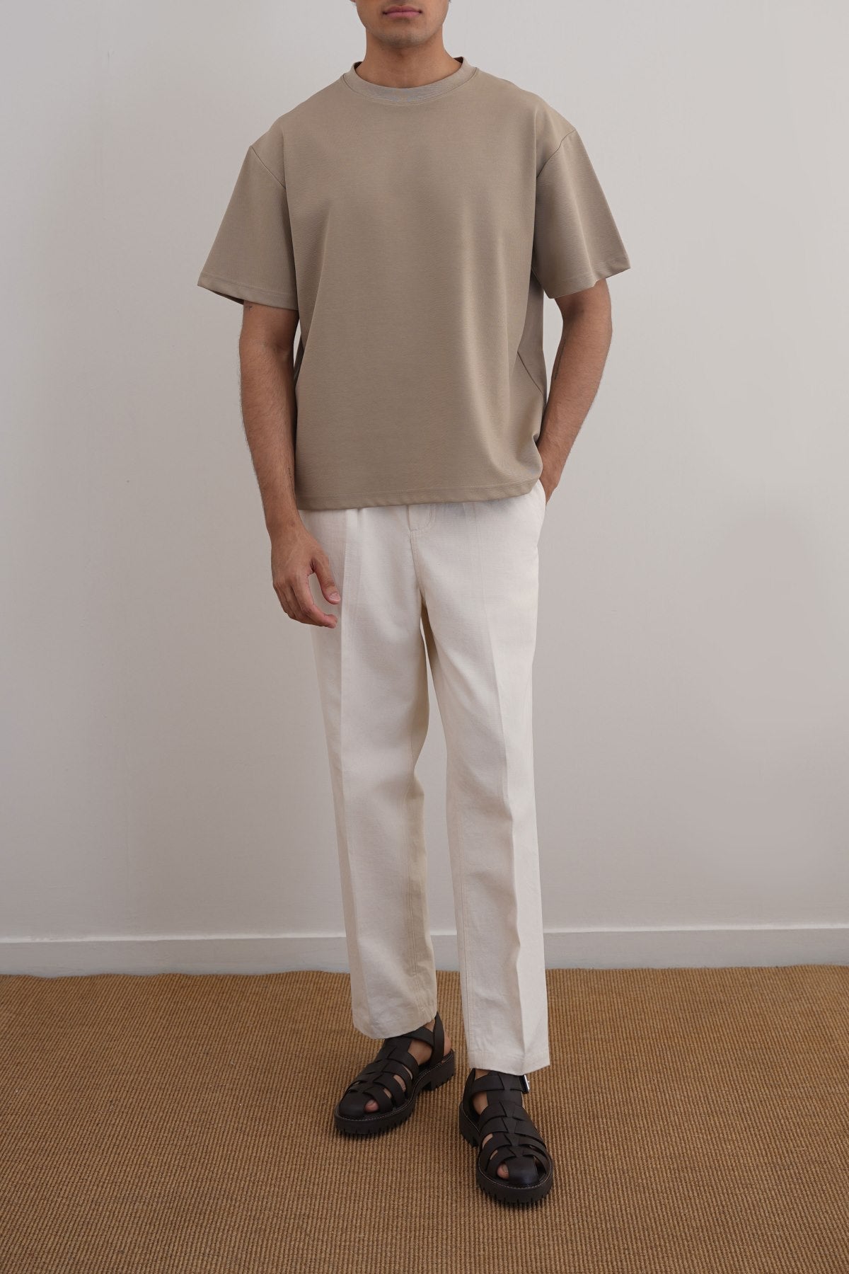 Khaki Relaxed Fit Half Sleeve T-Shirt with Ribbed Neckline - Regular Hand Feel