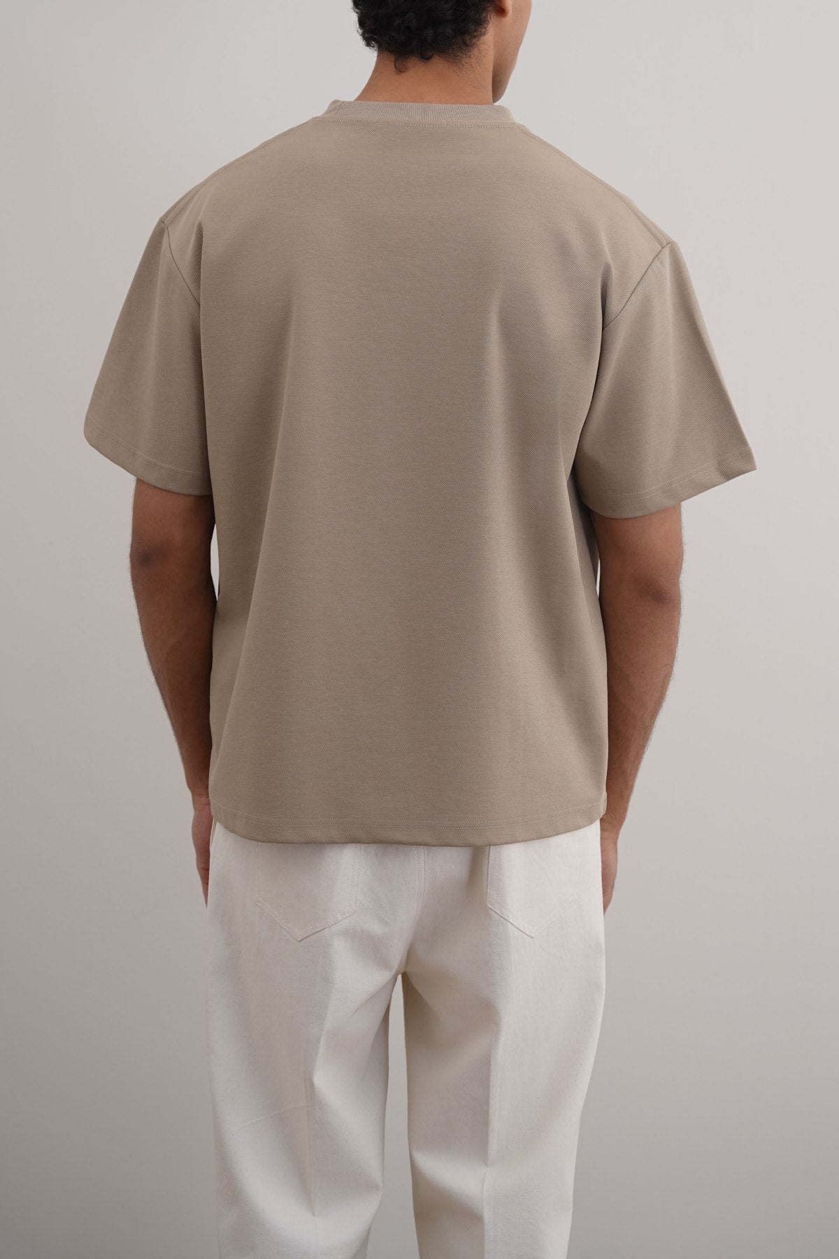 Khaki Relaxed Fit Half Sleeve T-Shirt with Ribbed Neckline - Regular Hand Feel