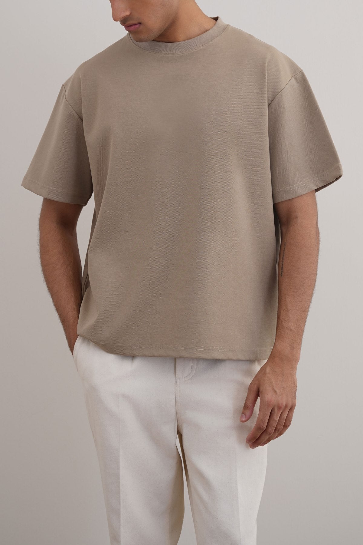 Khaki Relaxed Fit Half Sleeve T-Shirt with Ribbed Neckline - Regular Hand Feel