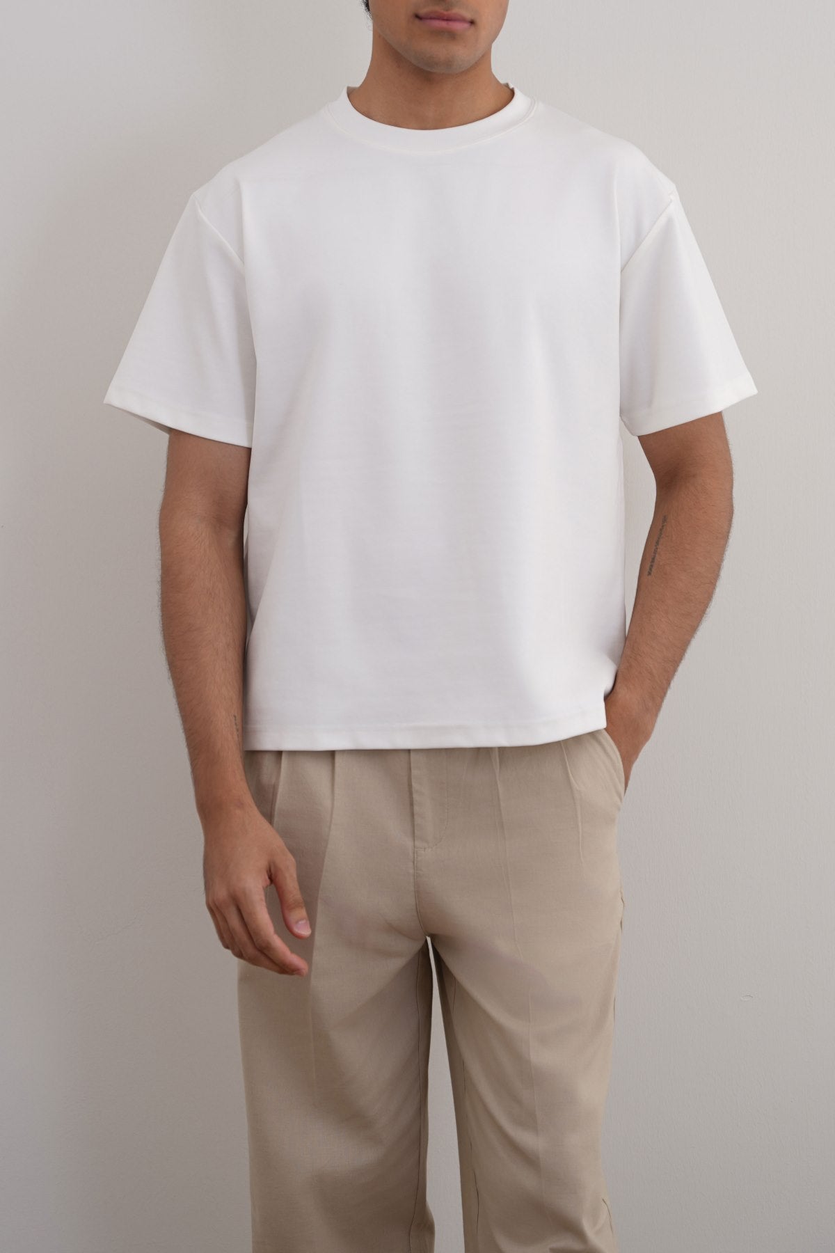 White Relaxed Fit Half Sleeve T-Shirt with Ribbed Neckline