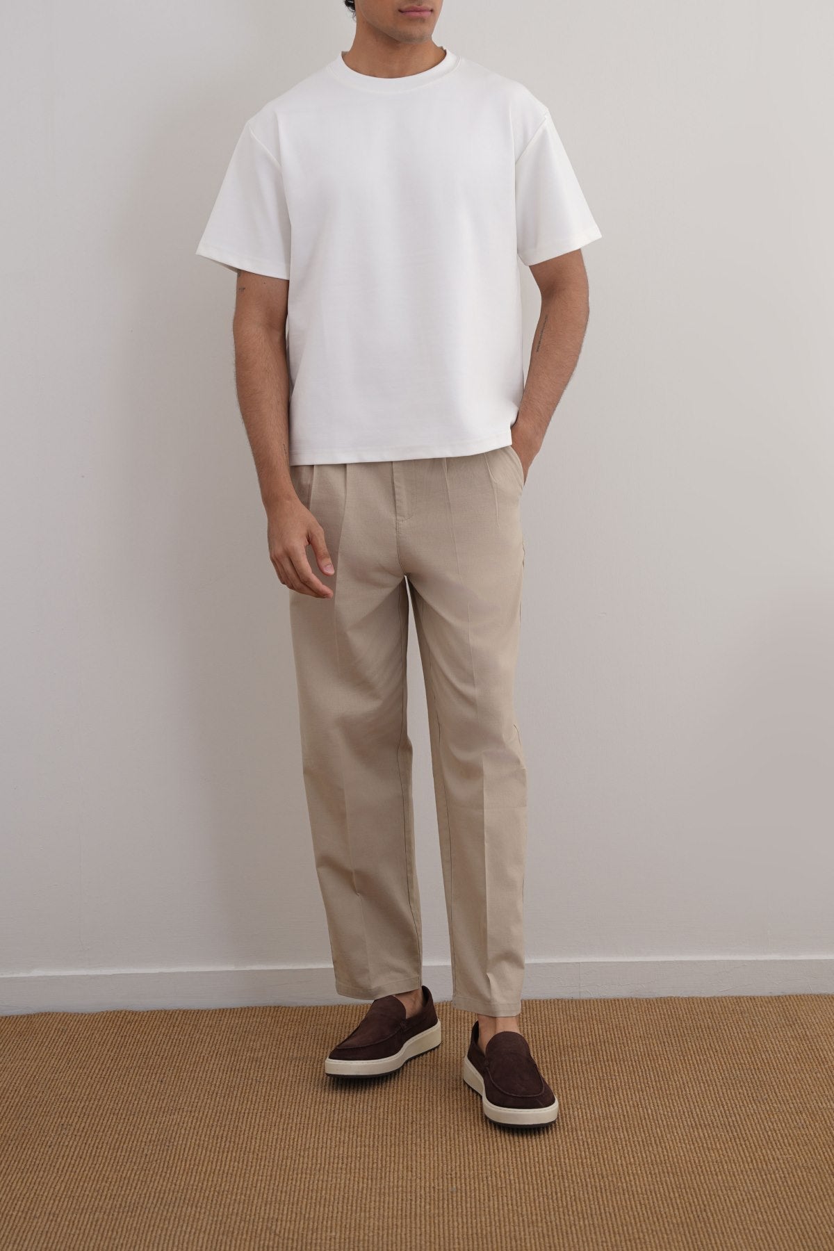 White Relaxed Fit Half Sleeve T-Shirt with Ribbed Neckline