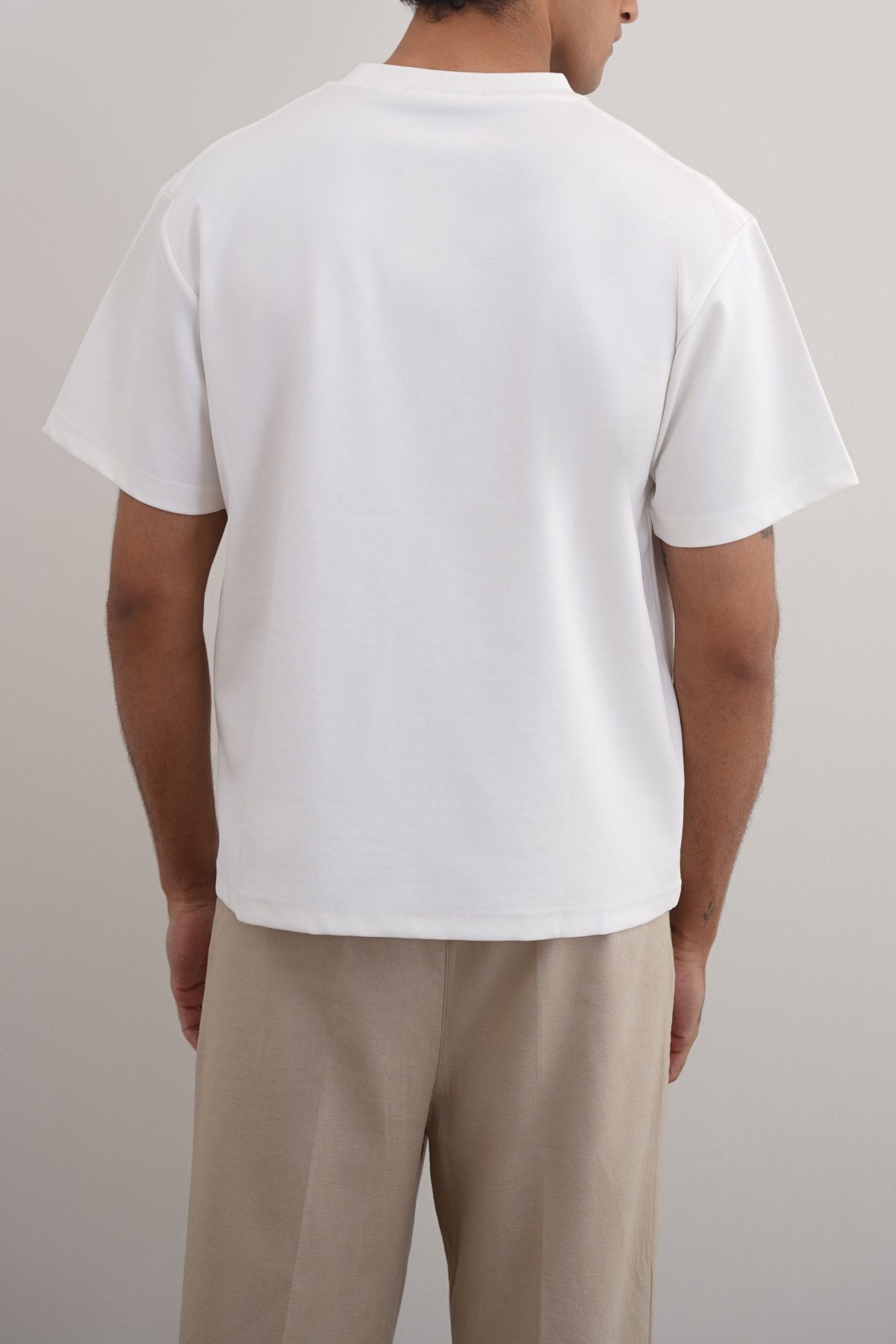 White Relaxed Fit Half Sleeve T-Shirt with Ribbed Neckline