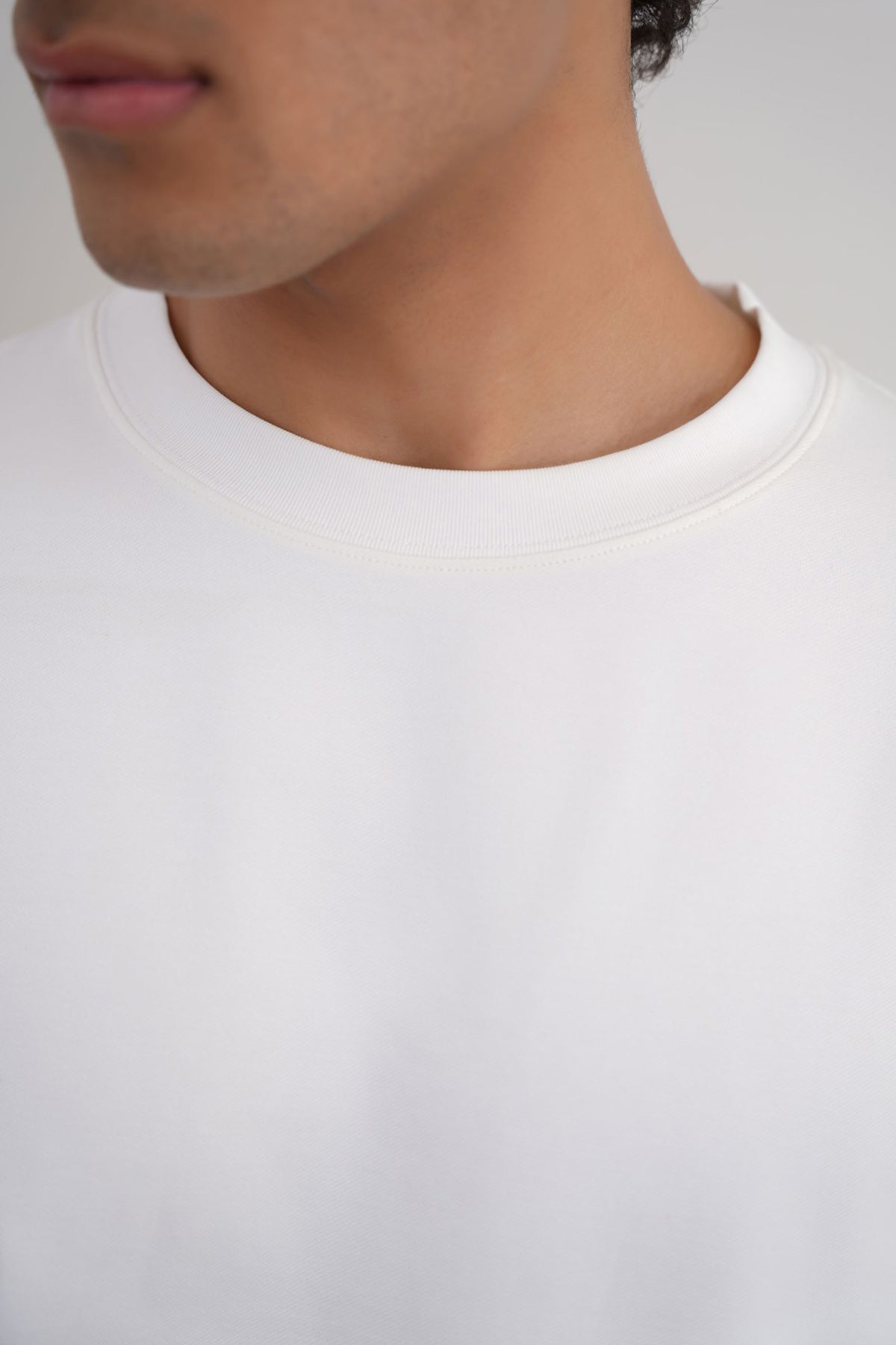 White Relaxed Fit Half Sleeve T-Shirt with Ribbed Neckline