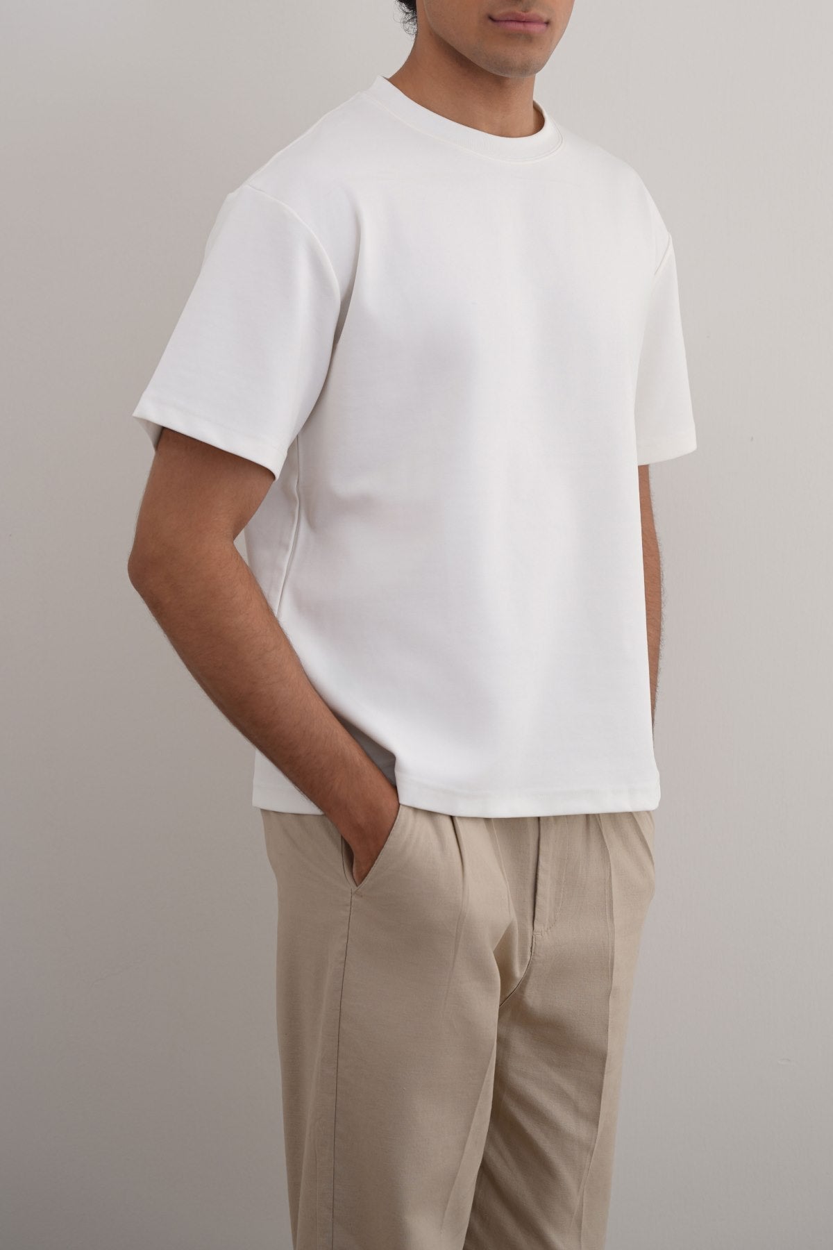White Relaxed Fit Half Sleeve T-Shirt with Ribbed Neckline