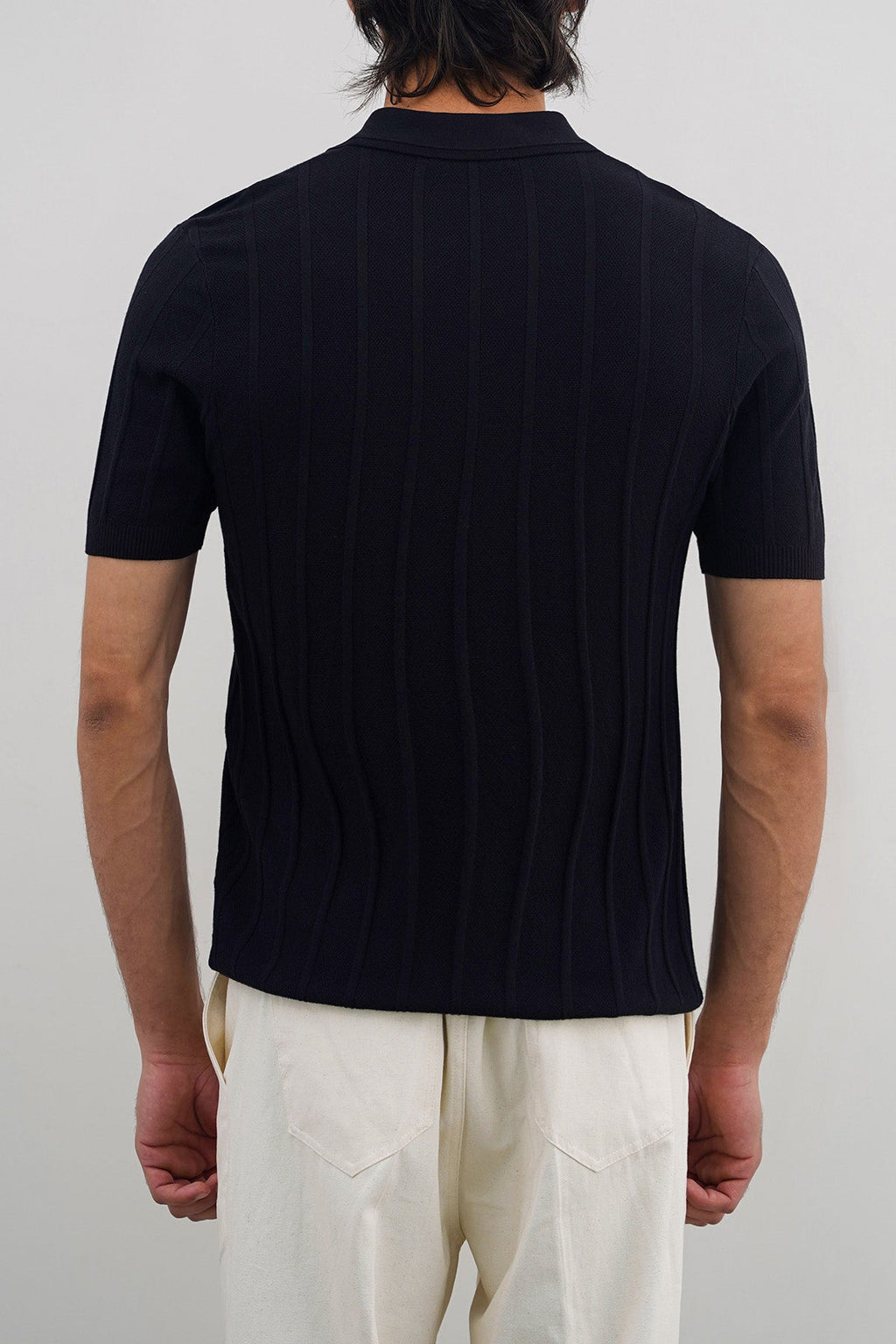 Black Fitted Viscose Blend Polo Shirt with Ribbed Sleeves – Cool Havn