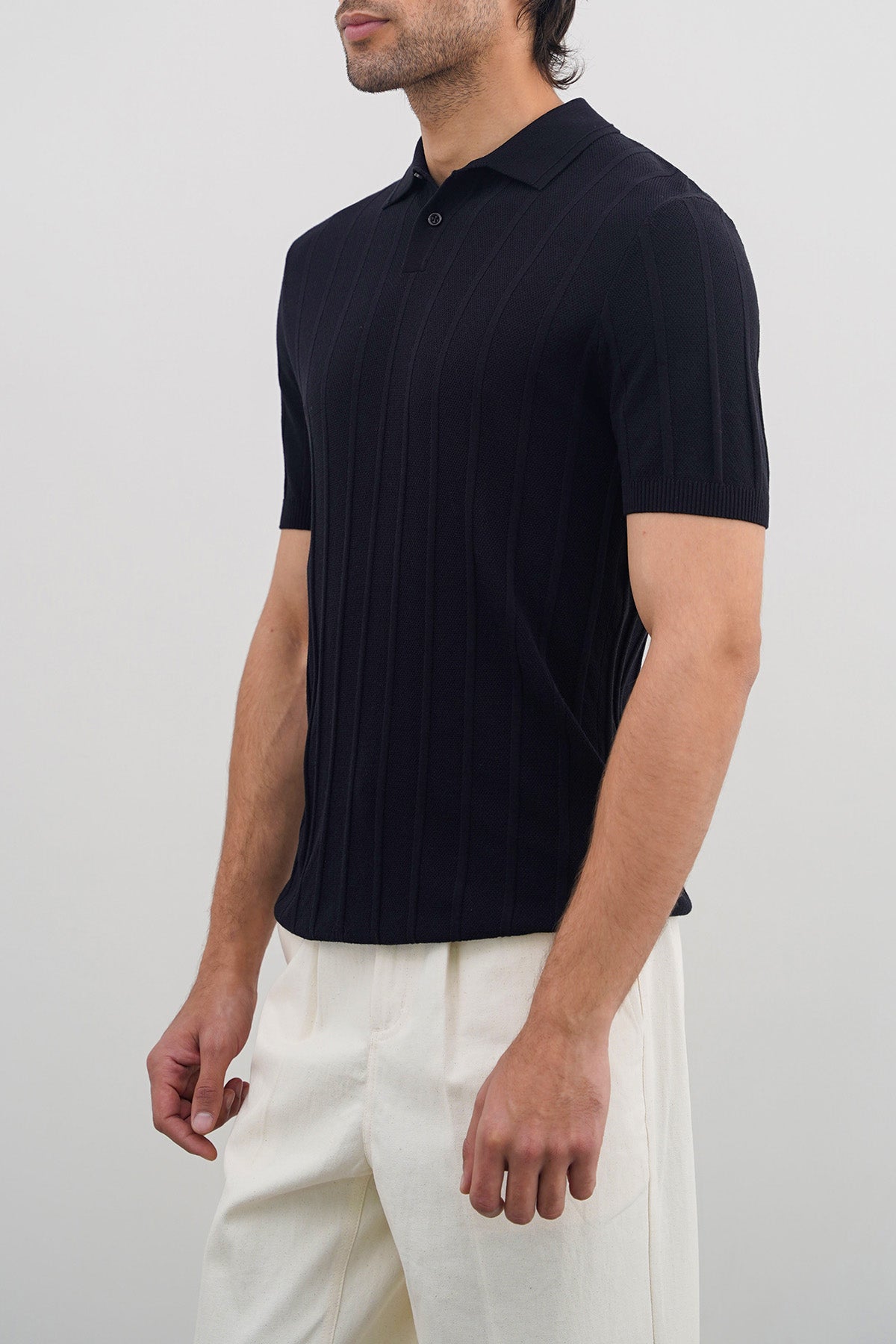 Black Fitted Viscose Blend Polo Shirt with Ribbed Sleeves