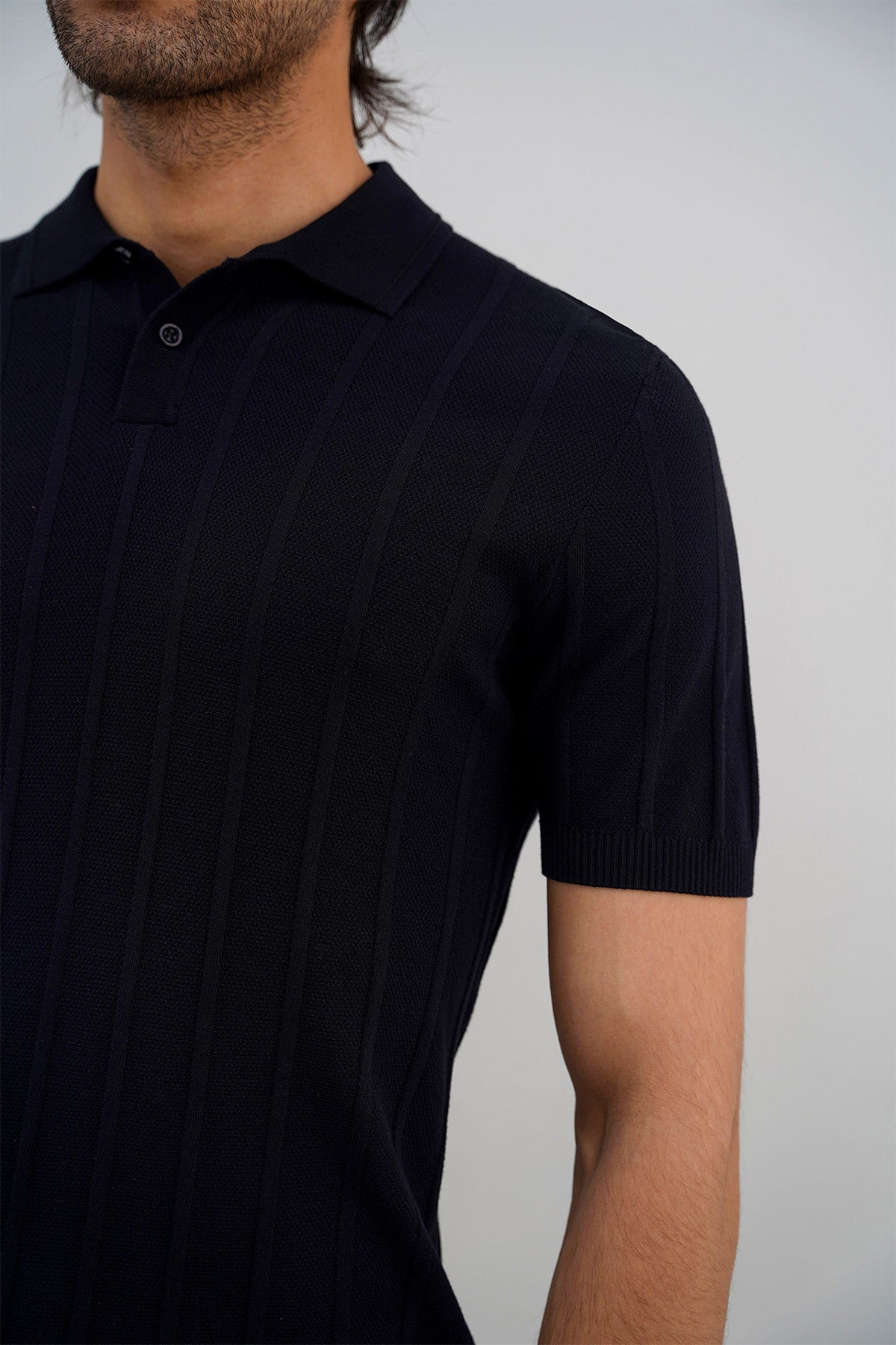Black Fitted Viscose Blend Polo Shirt with Ribbed Sleeves