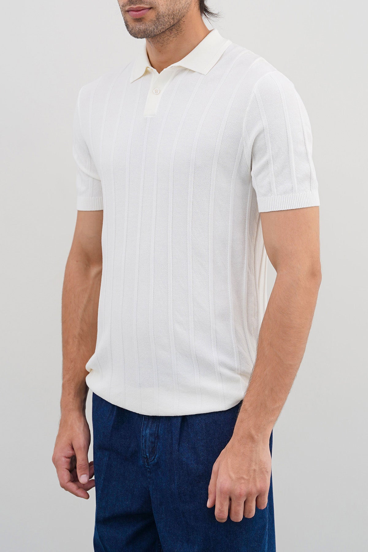 Fitted Viscose Blend Polo Shirt - Ribbed Sleeves, Regular Feel, OFF WHITE