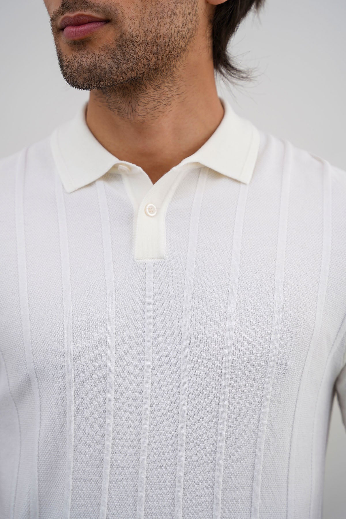 Fitted Viscose Blend Polo Shirt - Ribbed Sleeves, Regular Feel, OFF WHITE