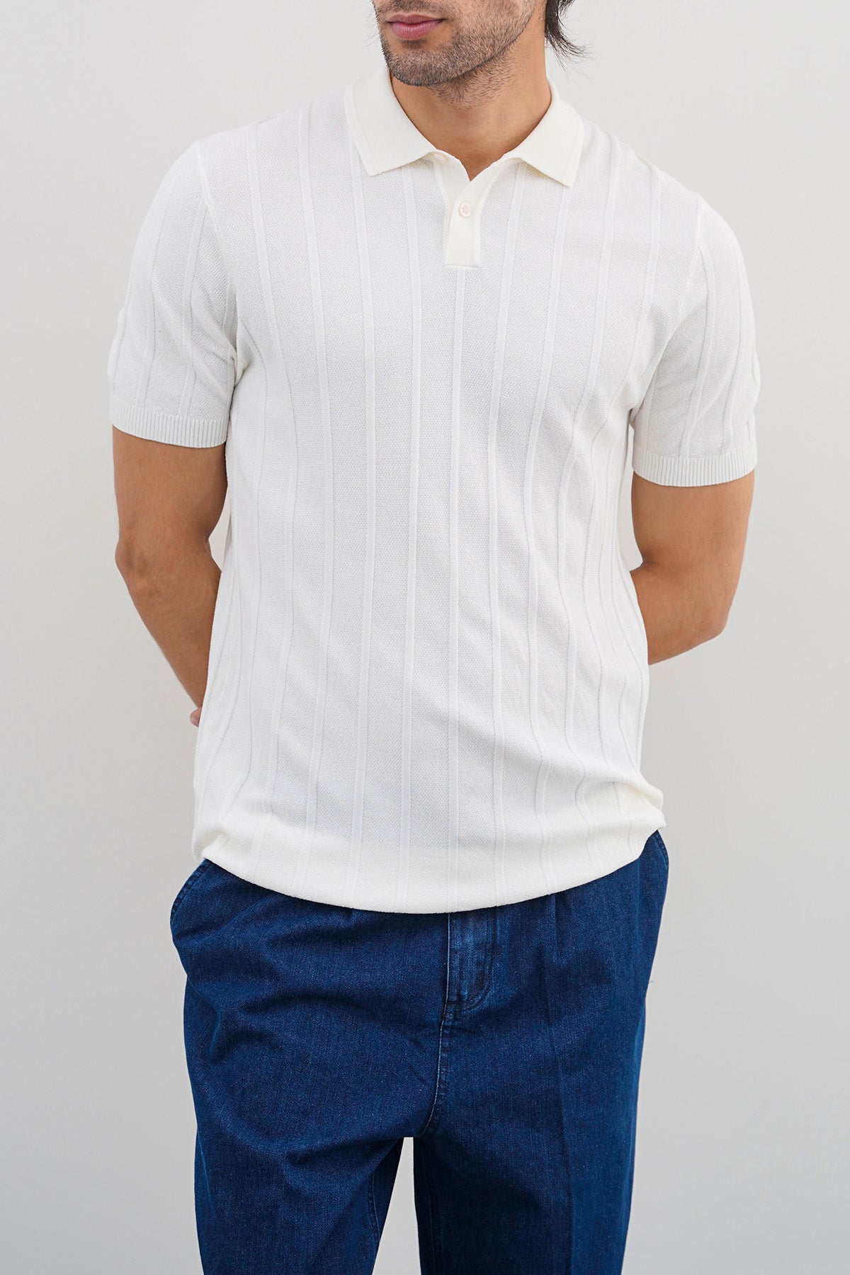 Fitted Viscose Blend Polo Shirt - Ribbed Sleeves, Regular Feel, OFF WHITE