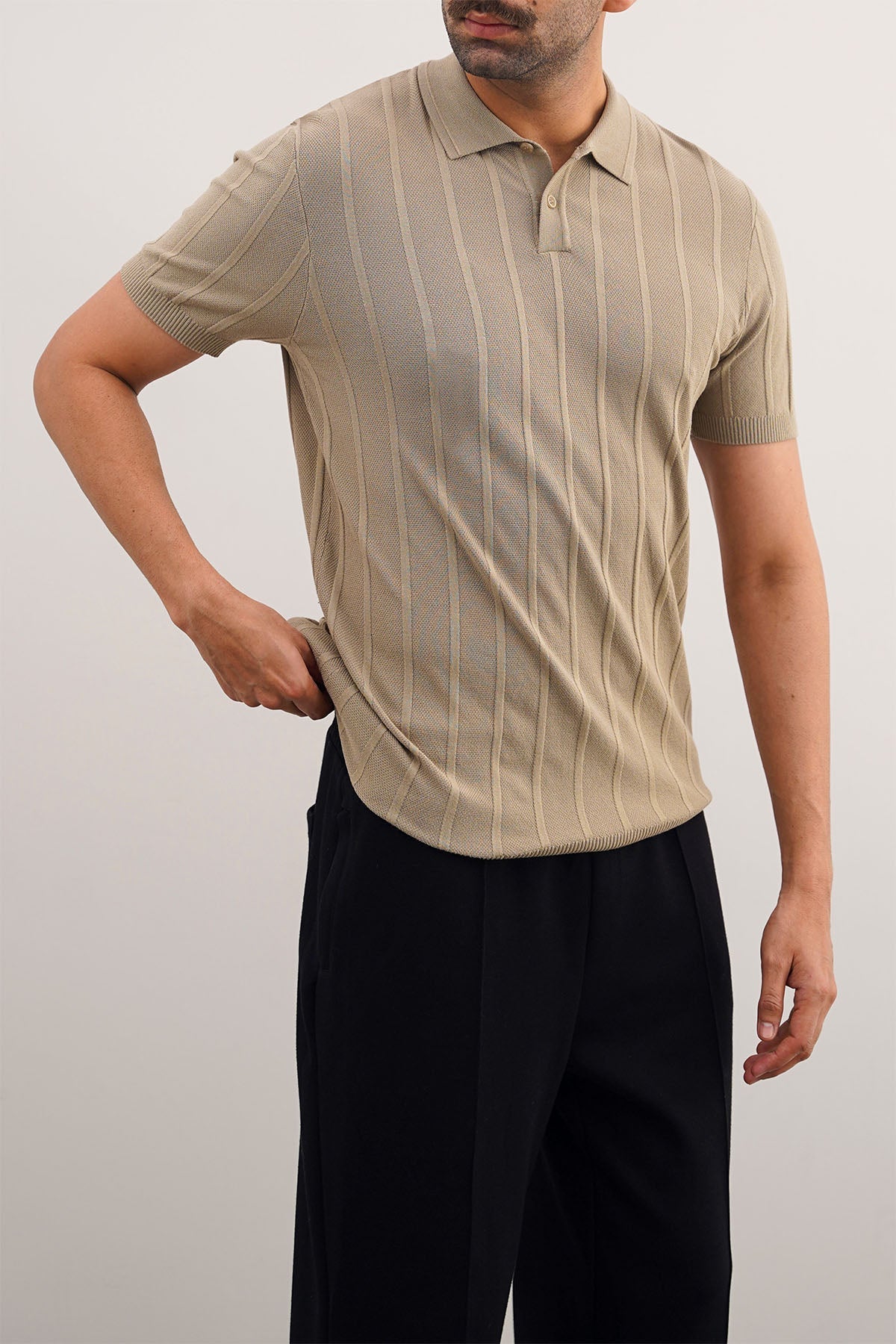 Fitted Viscose Blend Polo Shirt with Ribbed Sleeves - Sand