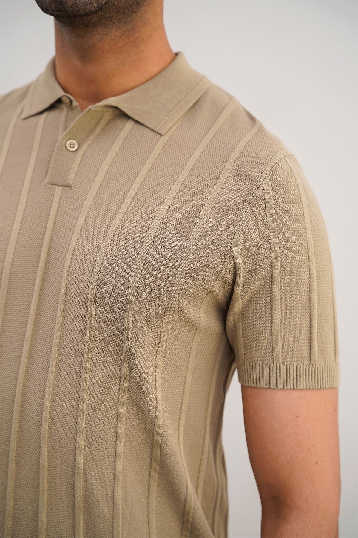Fitted Viscose Blend Polo Shirt with Ribbed Sleeves - Sand