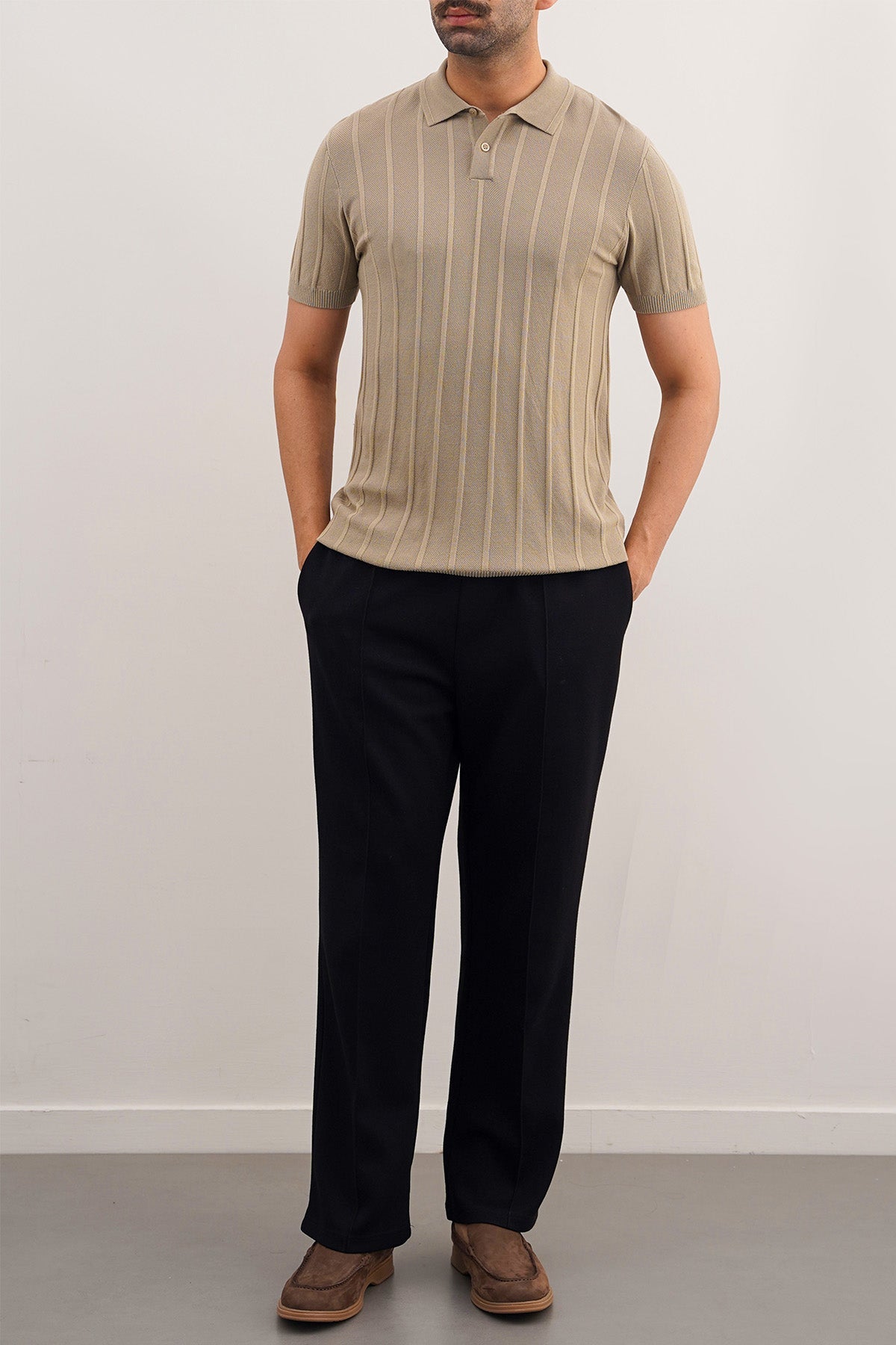 Fitted Viscose Blend Polo Shirt with Ribbed Sleeves - Sand