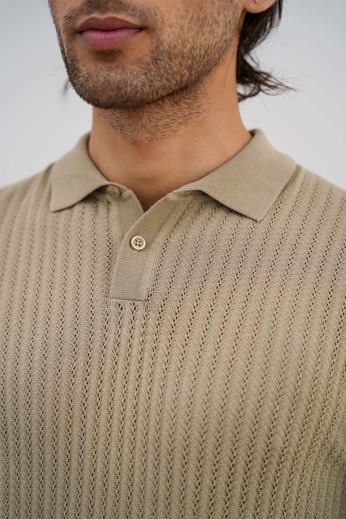 Grey Textured Knit Polo Shirt - Regular Fit, Regular Hand Feel