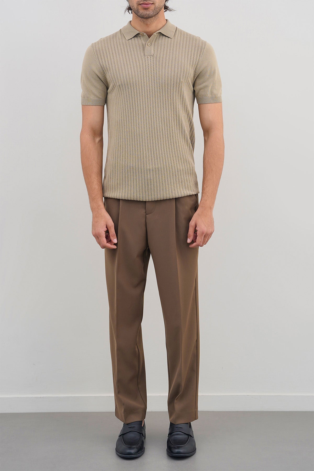 Grey Textured Knit Polo Shirt - Regular Fit, Regular Hand Feel
