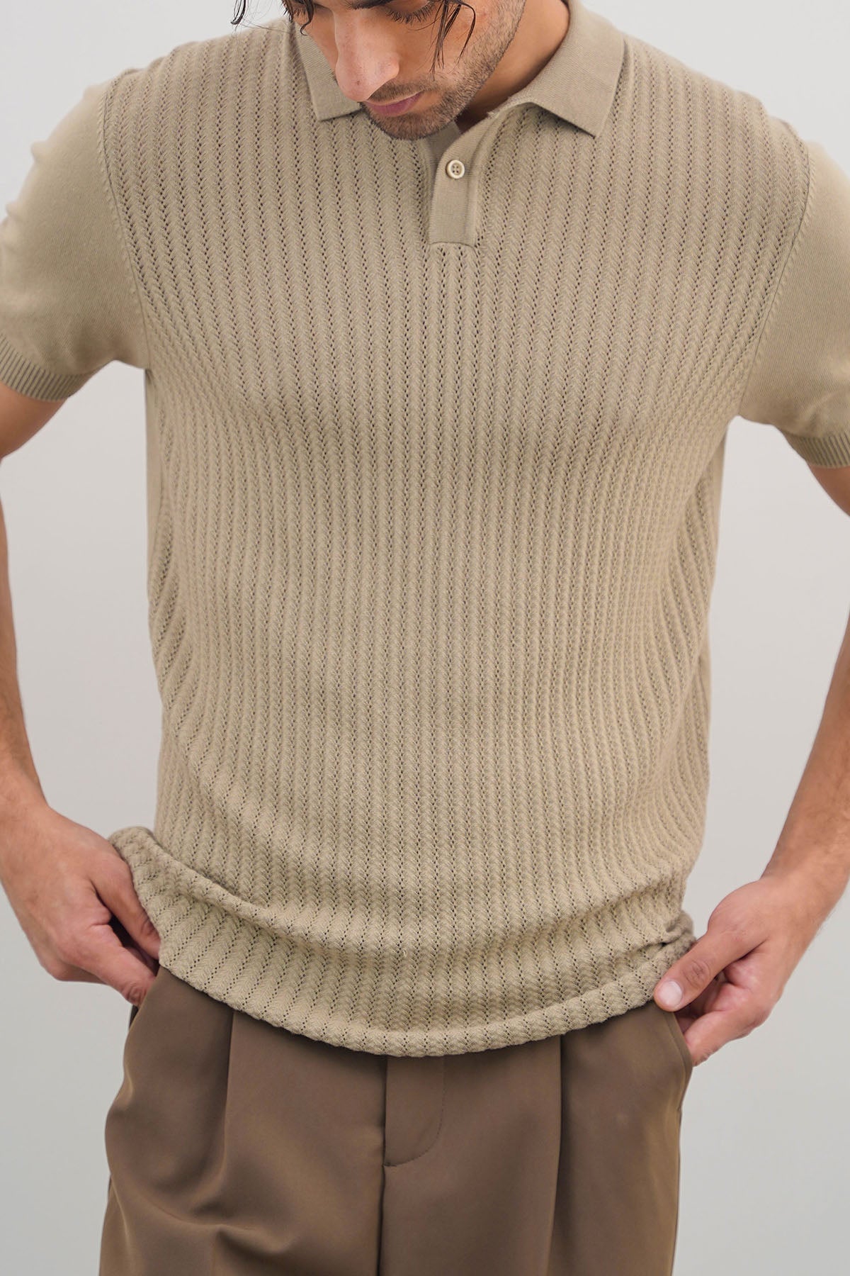 Grey Textured Knit Polo Shirt - Regular Fit, Regular Hand Feel
