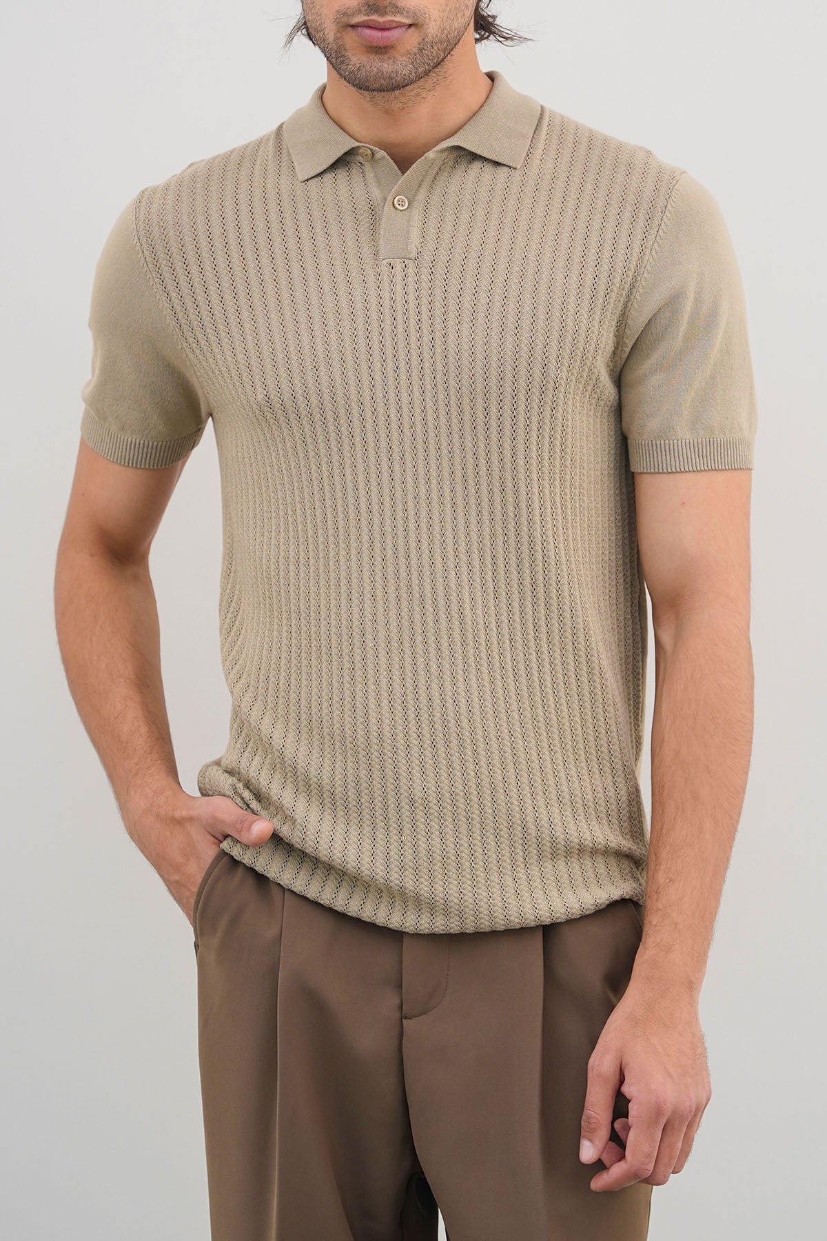 Grey Textured Knit Polo Shirt - Regular Fit, Regular Hand Feel