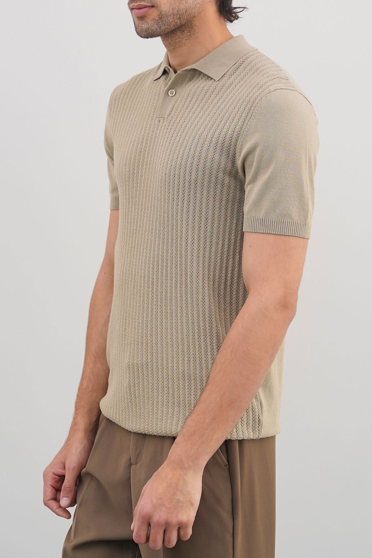 Grey Textured Knit Polo Shirt - Regular Fit, Regular Hand Feel