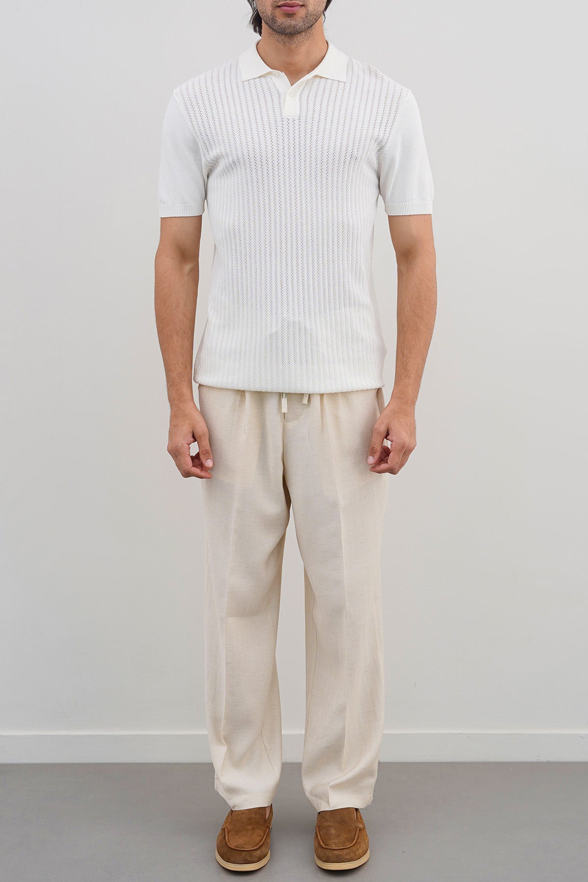 Off White Textured Knit Polo Shirt - Regular Fit, Regular Hand Feel