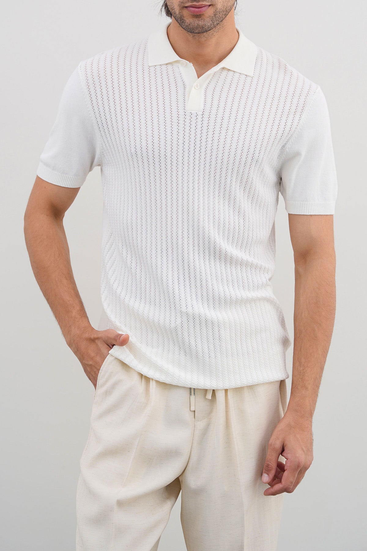 Off White Textured Knit Polo Shirt - Regular Fit, Regular Hand Feel