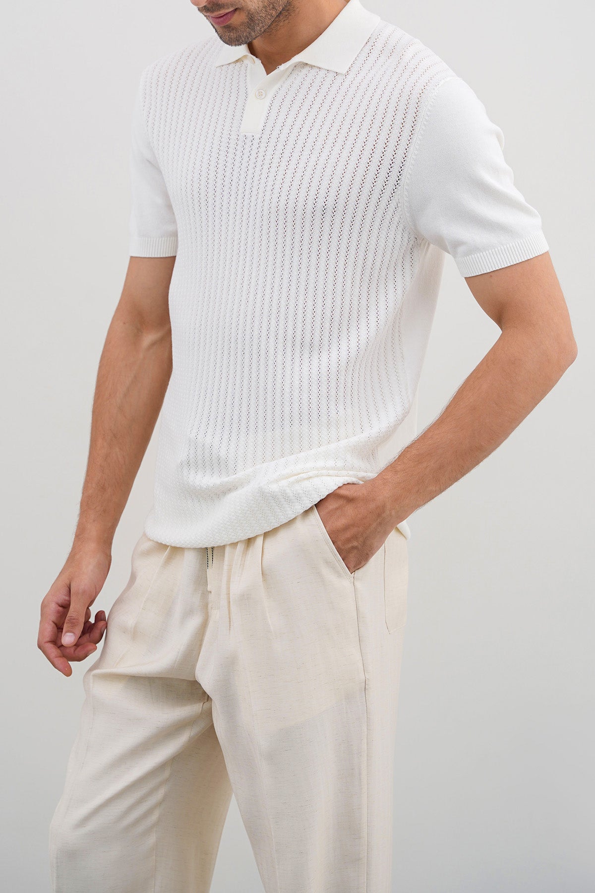 Off White Textured Knit Polo Shirt - Regular Fit, Regular Hand Feel