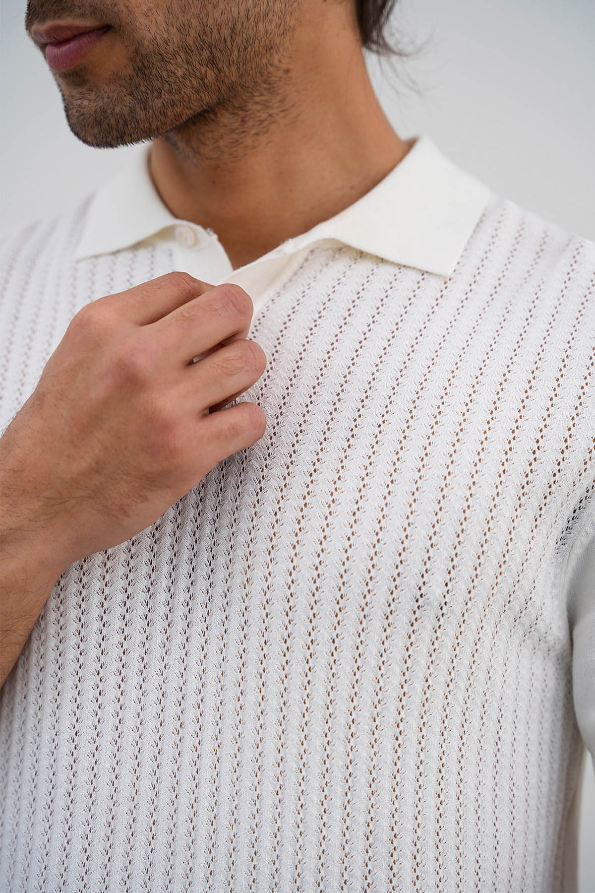 Off White Textured Knit Polo Shirt - Regular Fit, Regular Hand Feel