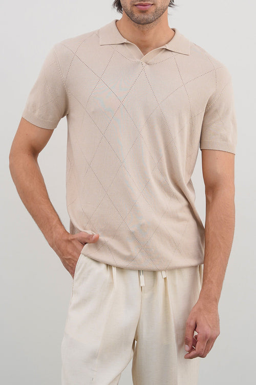 Beige Knitted Polo with Johnny Collar - Regular Fit, Regular Hand Feel