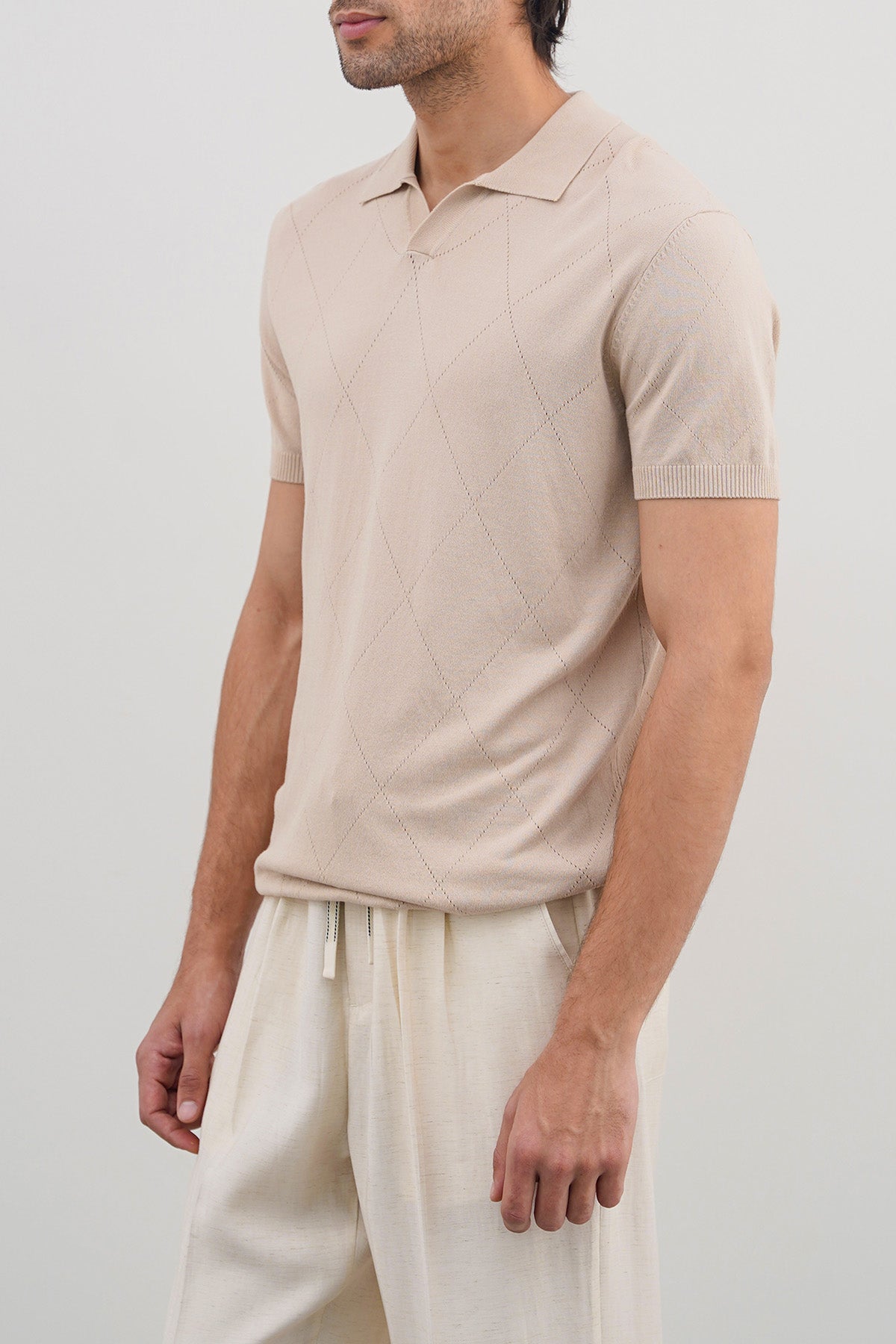 Beige Knitted Polo with Johnny Collar - Regular Fit, Regular Hand Feel