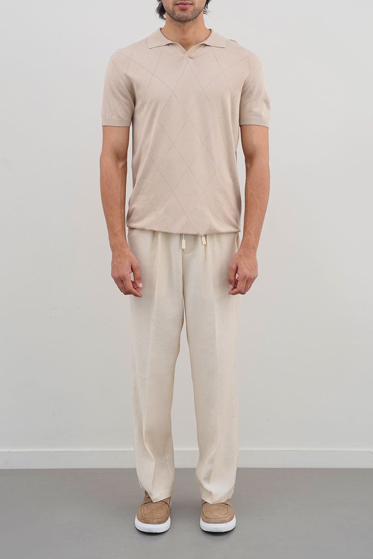 Beige Knitted Polo with Johnny Collar - Regular Fit, Regular Hand Feel