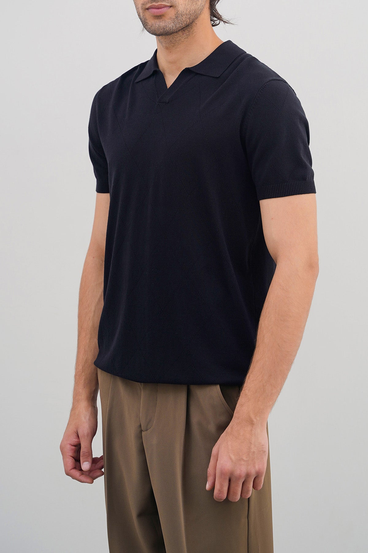 Black Knitted Polo with Johnny Collar - Regular Fit, Regular Hand Feel